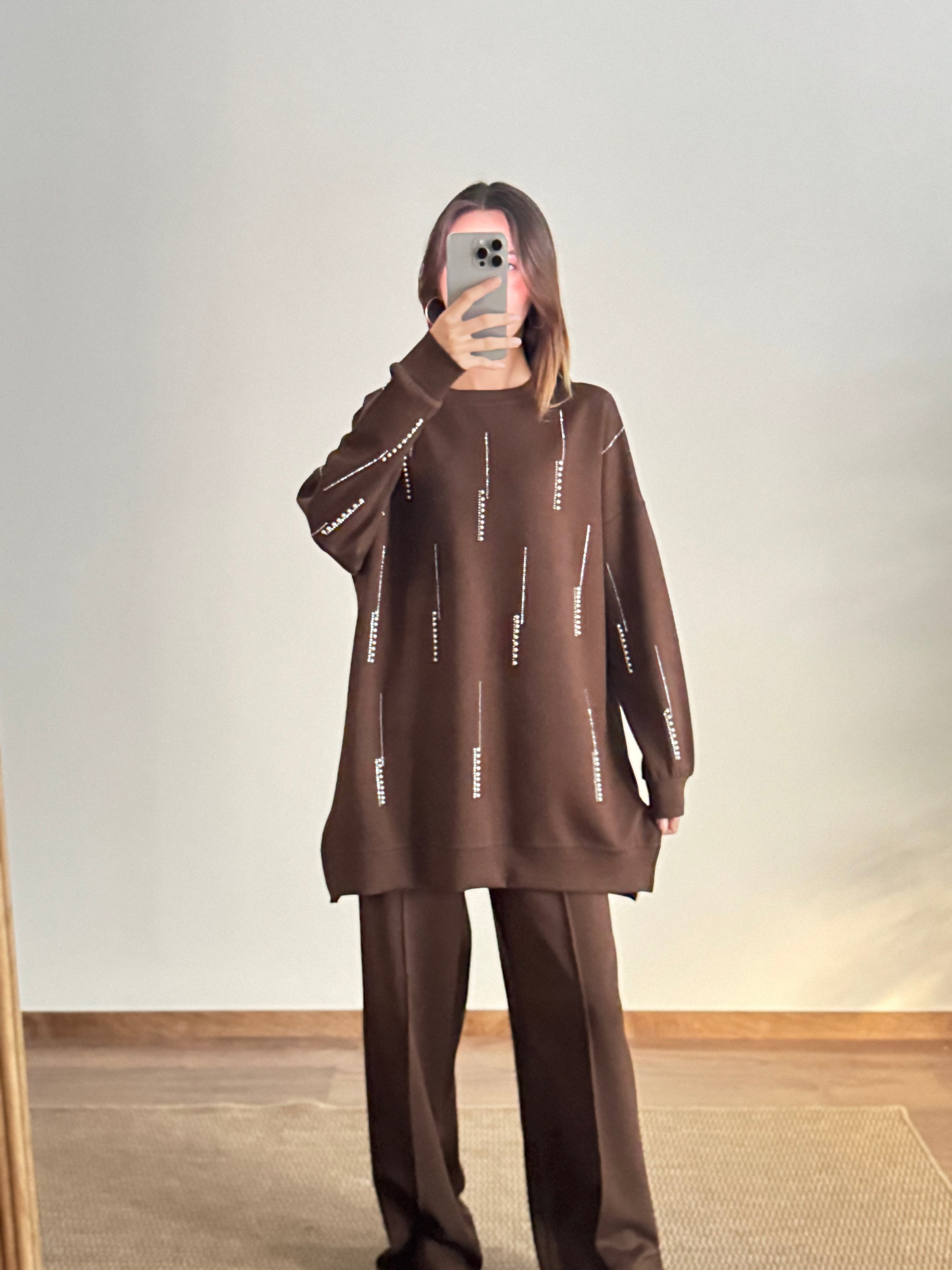 İnci Taş Detay Tunik Pantolon Kahverengi Takım