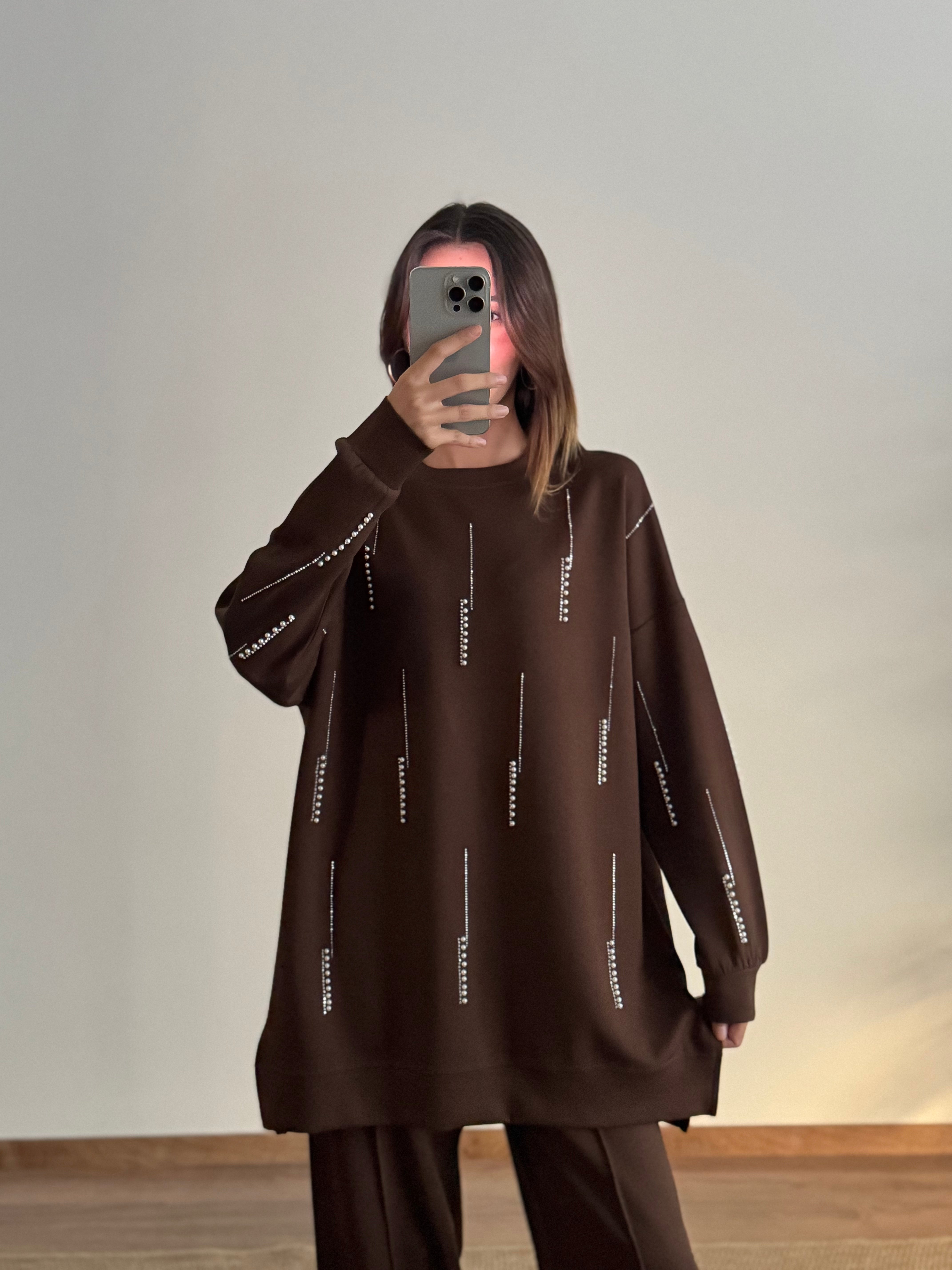 İnci Taş Detay Tunik Pantolon Kahverengi Takım