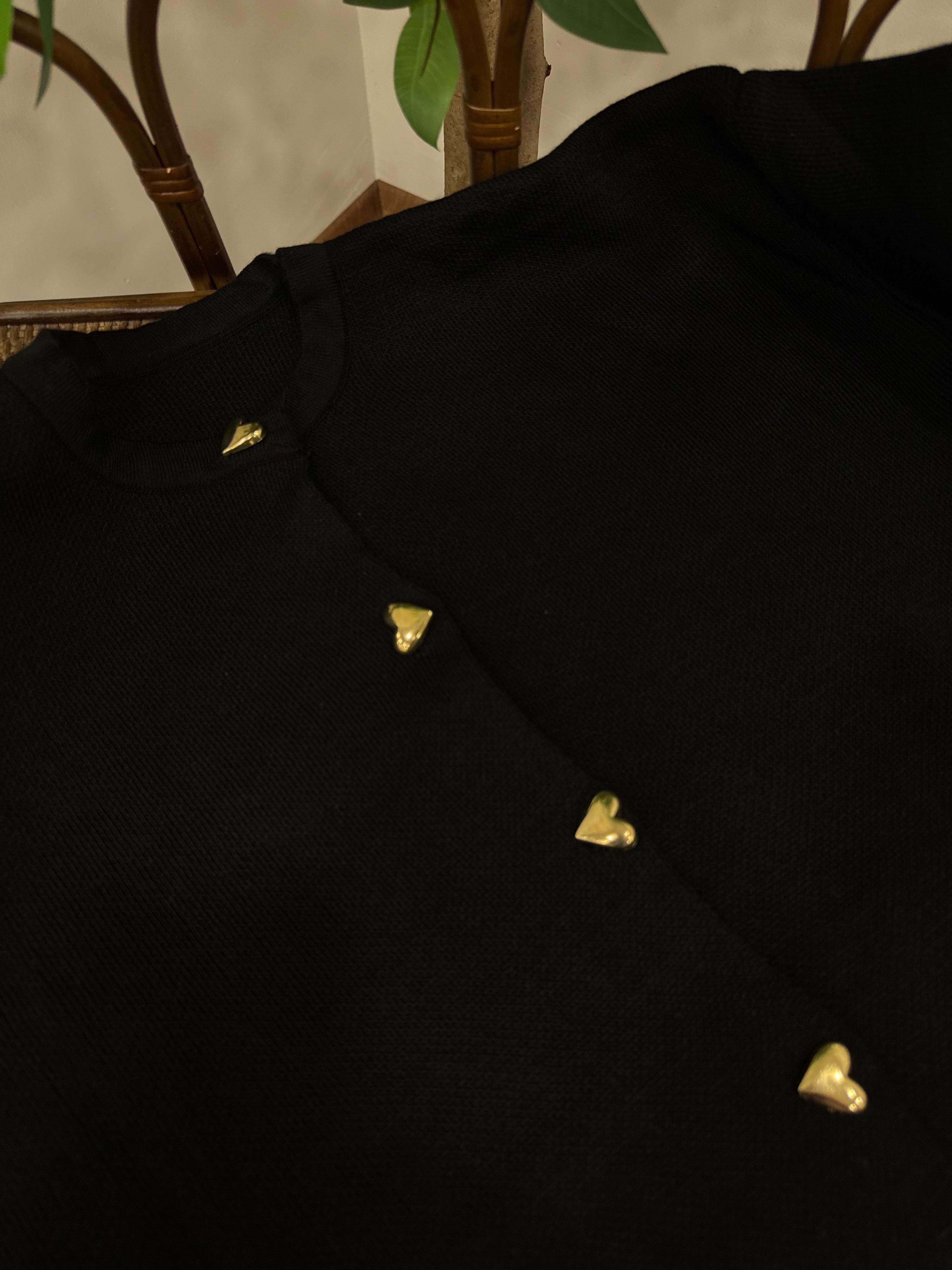 Kalp Düğme Detay Siyah Triko Hırka