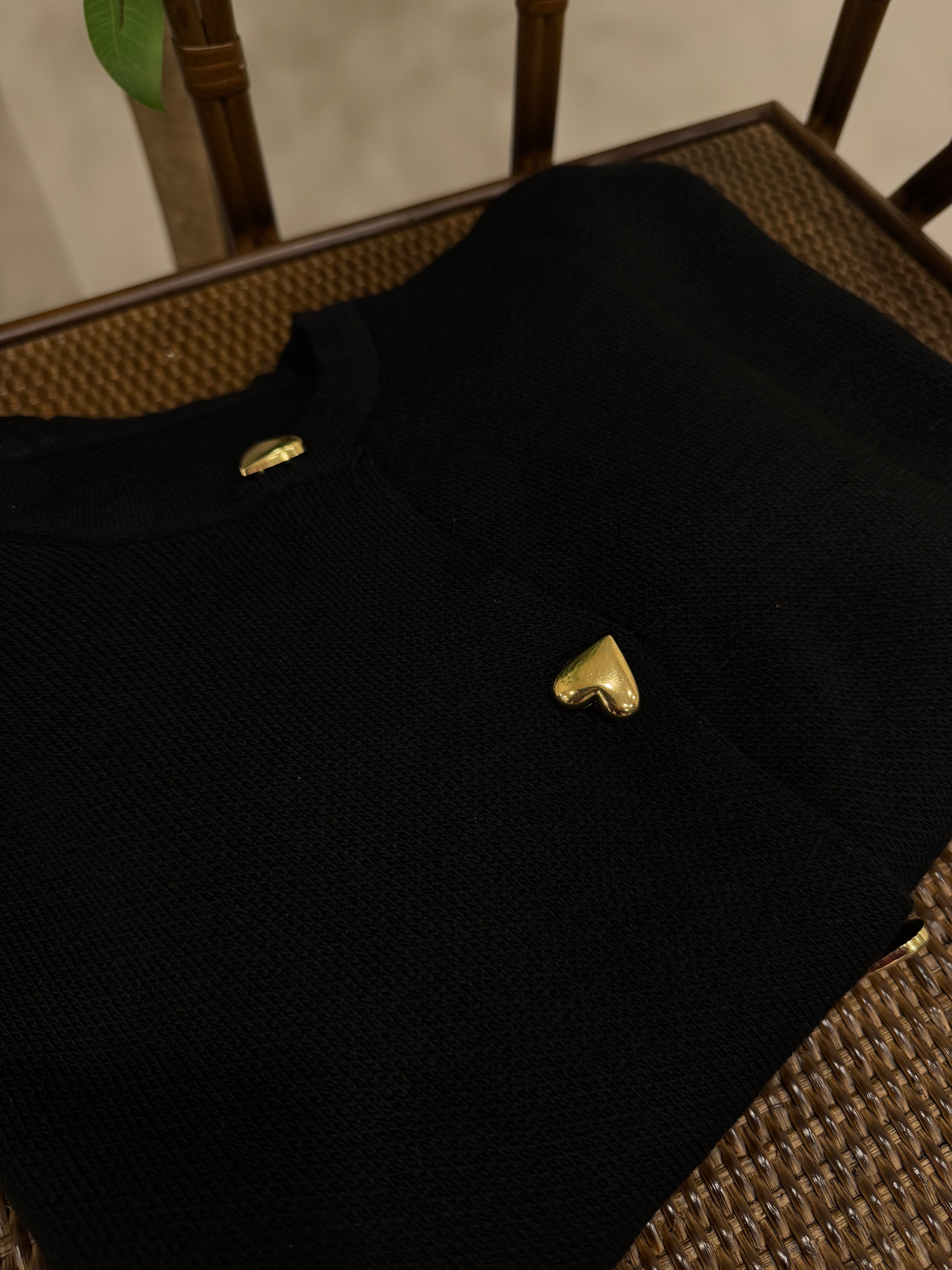 Kalp Düğme Detay Siyah Triko Hırka