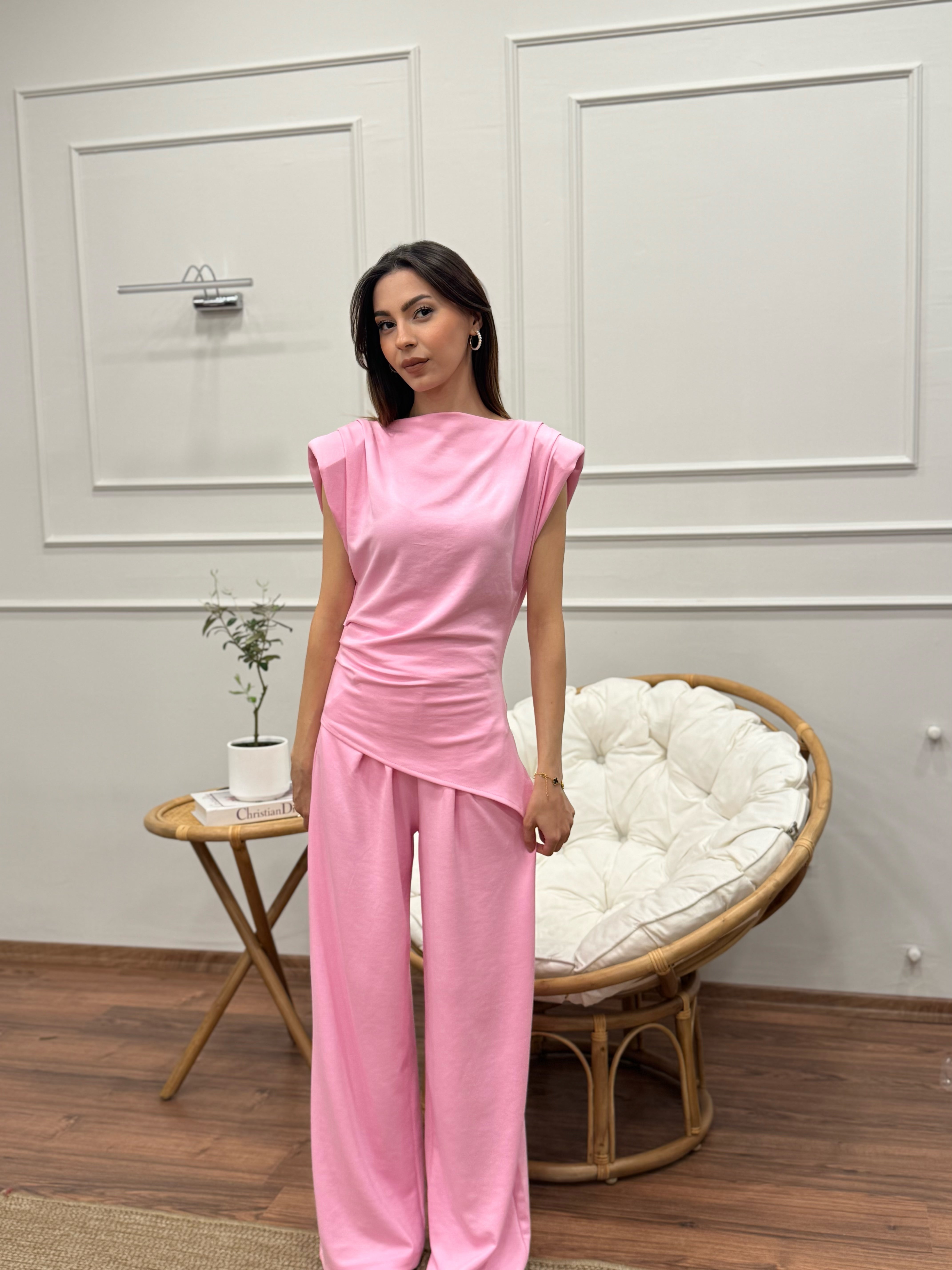 Stella Özel Tasarım İspanyol Pantolon Bluz Toz Pembe Takım