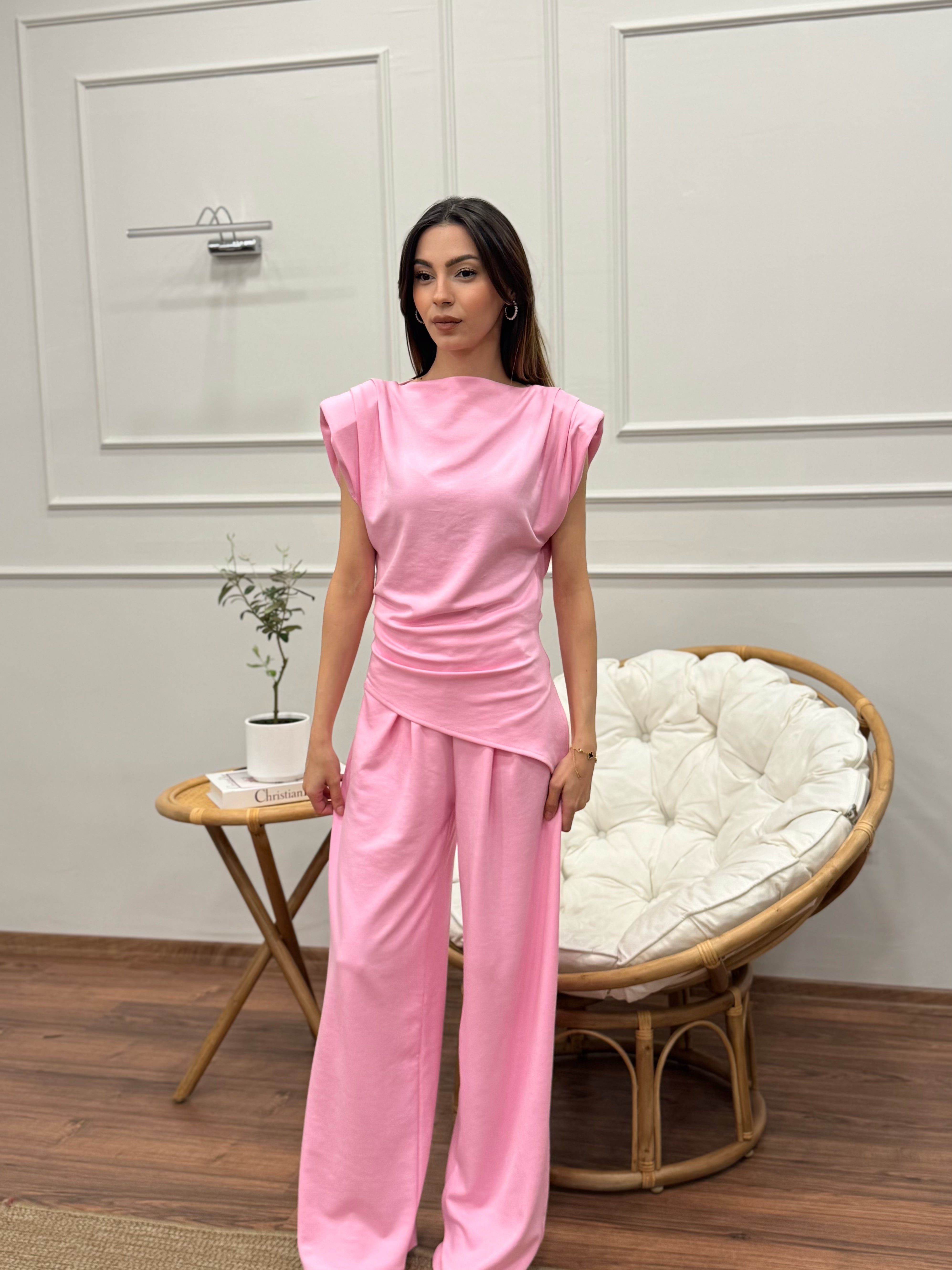 Stella Özel Tasarım İspanyol Pantolon Bluz Toz Pembe Takım