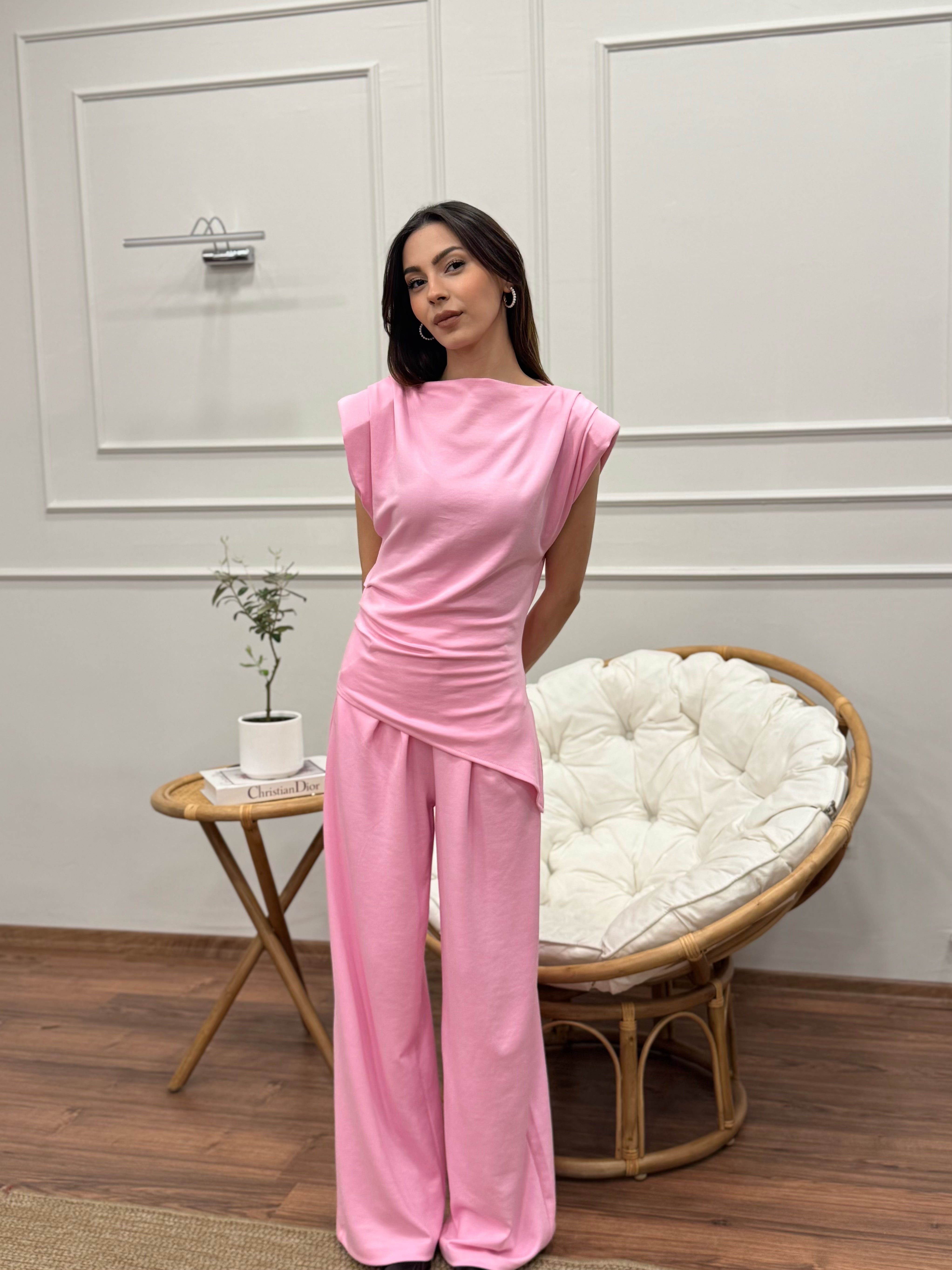 Stella Özel Tasarım İspanyol Pantolon Bluz Toz Pembe Takım