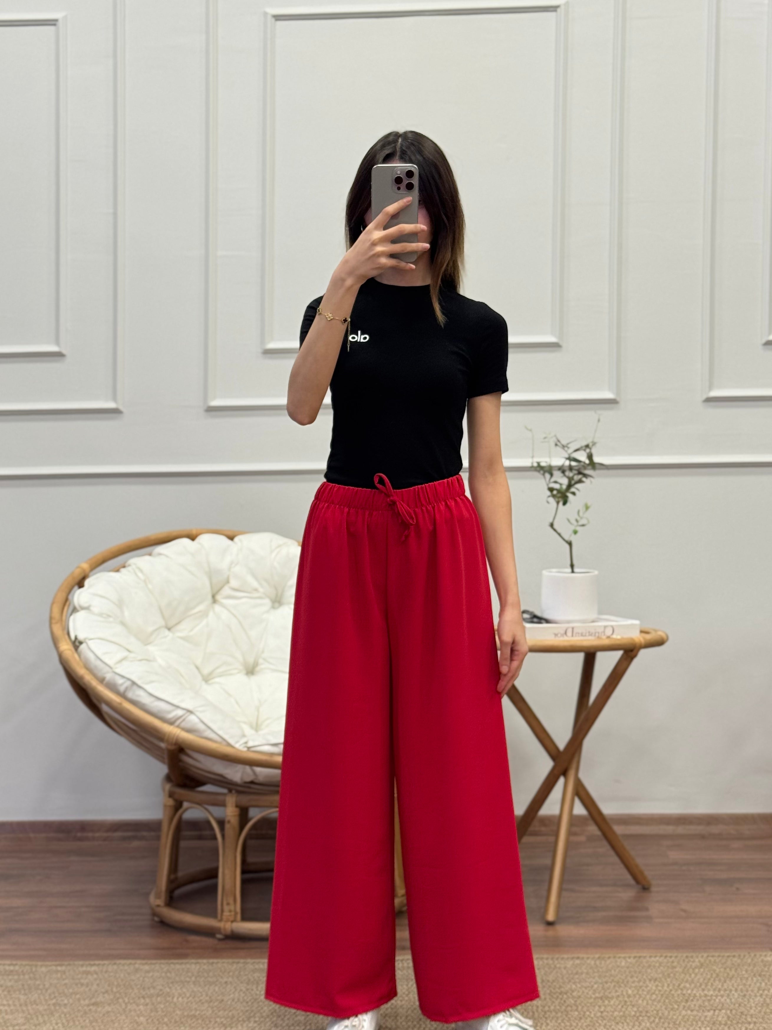 Tensel Kumaş Geniş Kesim Kırmızı Pantolon