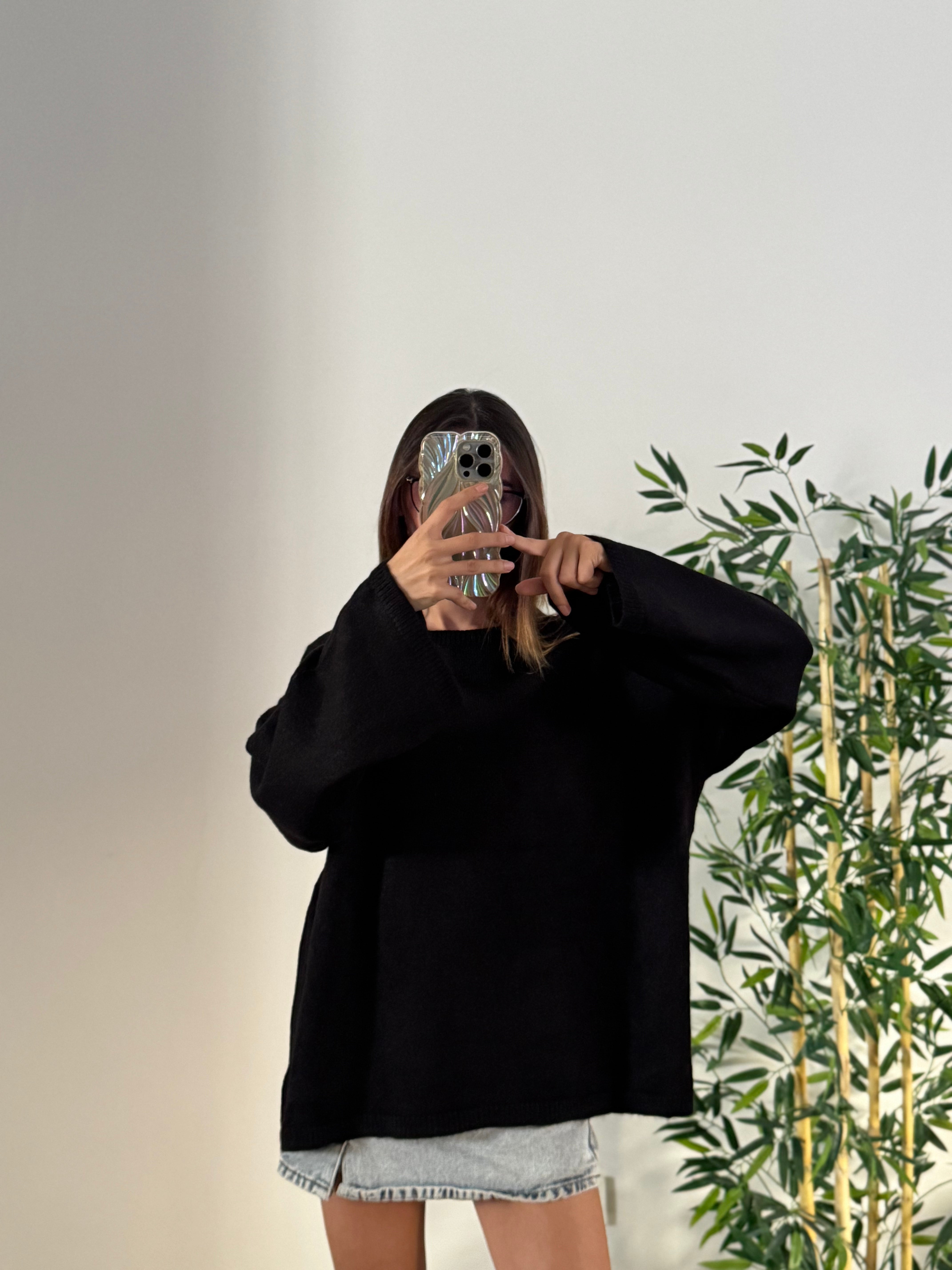 Oversize Bisiklet Yaka Pinterest Siyah Kazak