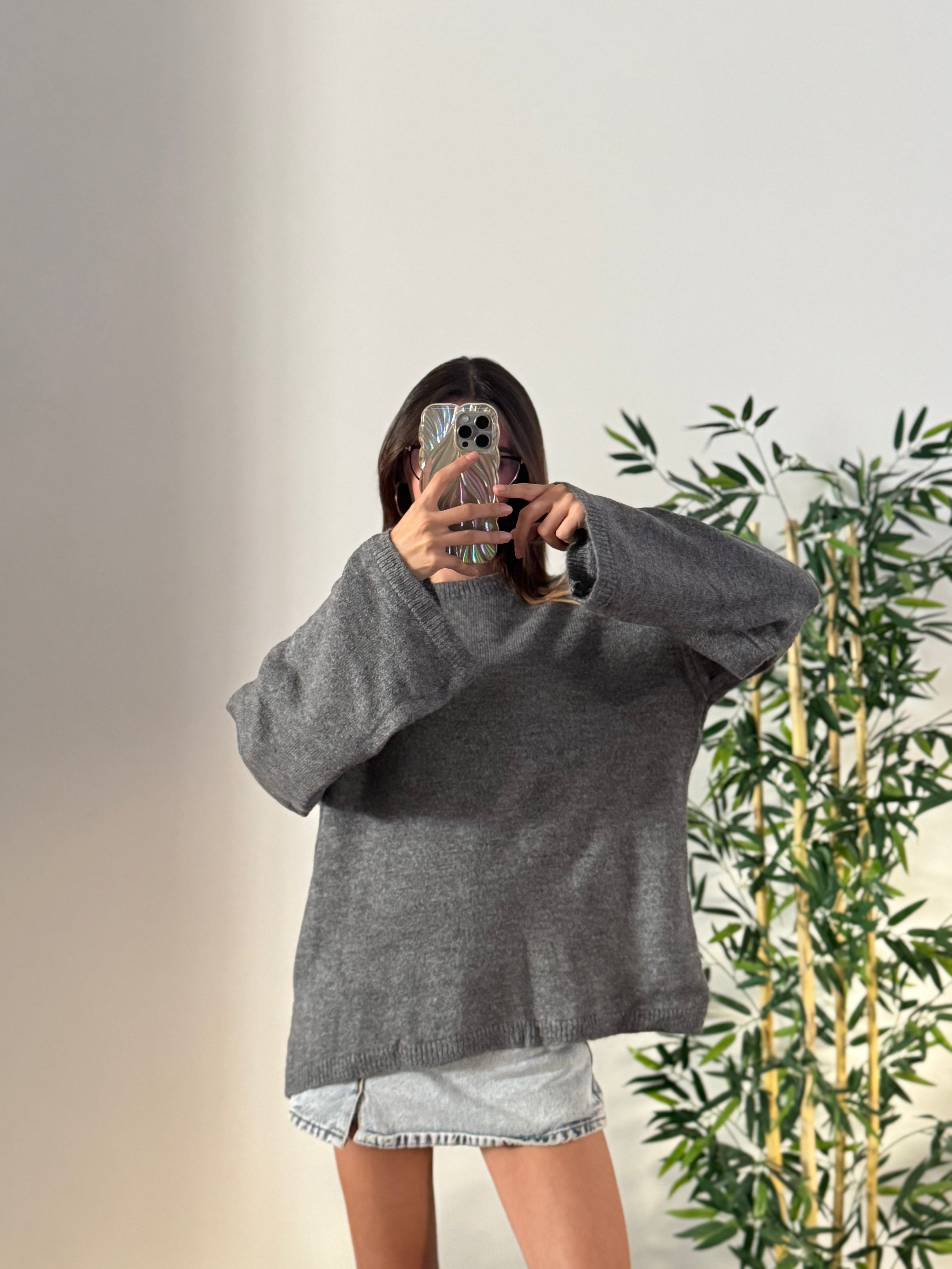 Oversize Bisiklet Yaka Pinterest Gri Kazak