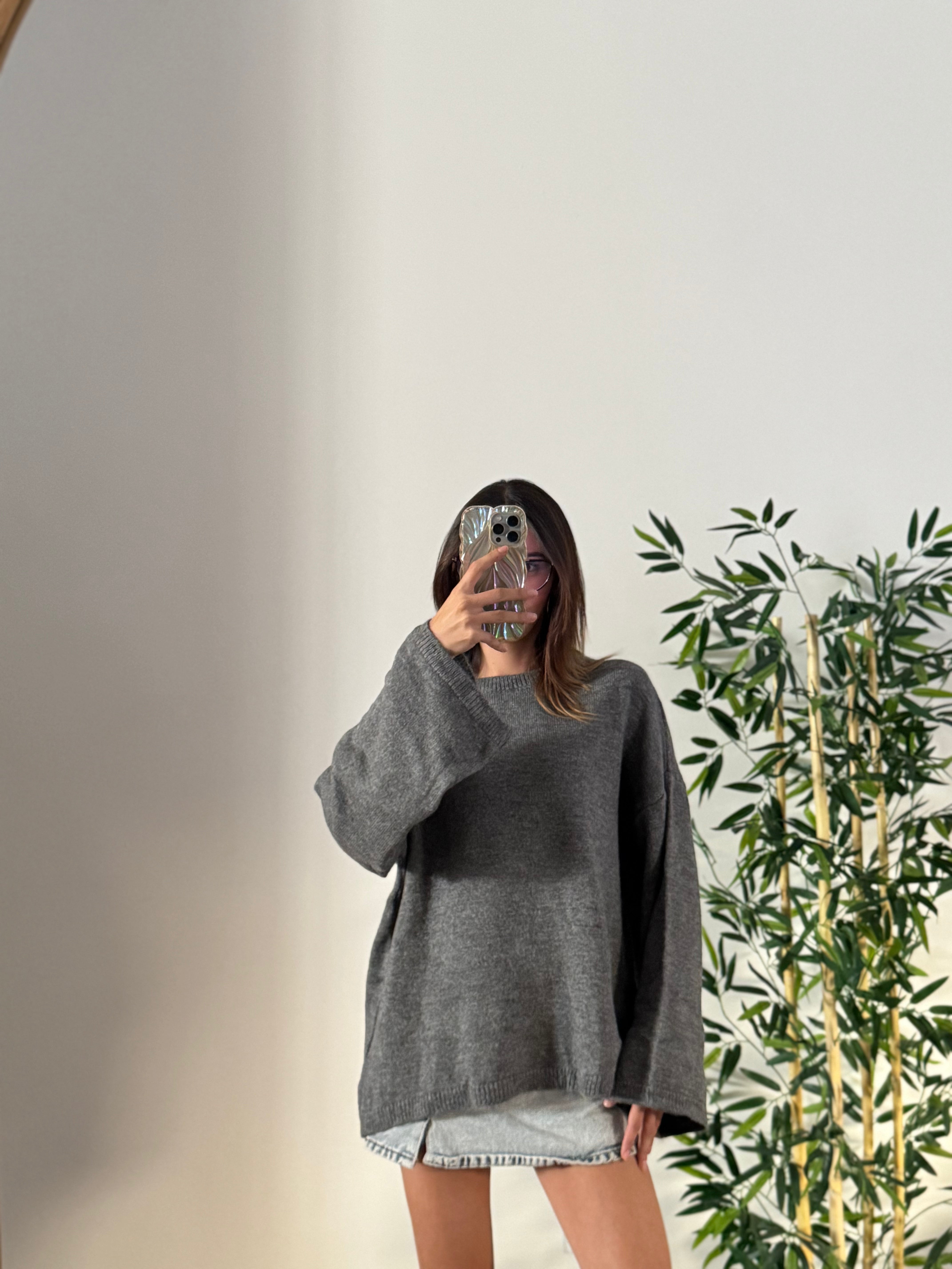 Oversize Bisiklet Yaka Pinterest Gri Kazak