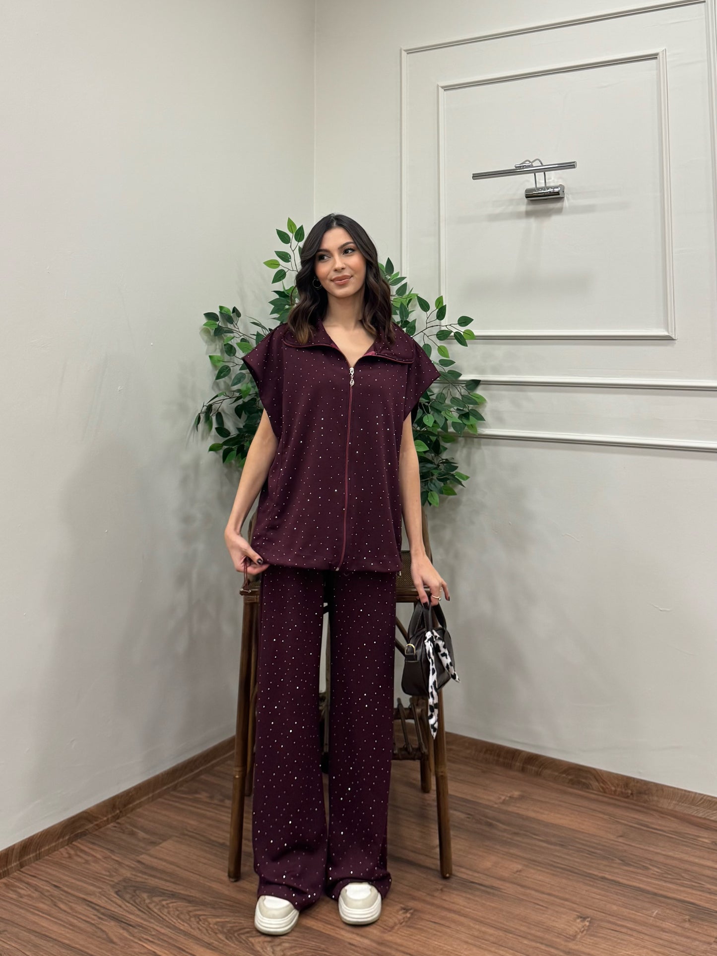 Lumi Yelek Pantolon Taşlı Bordo Takım
