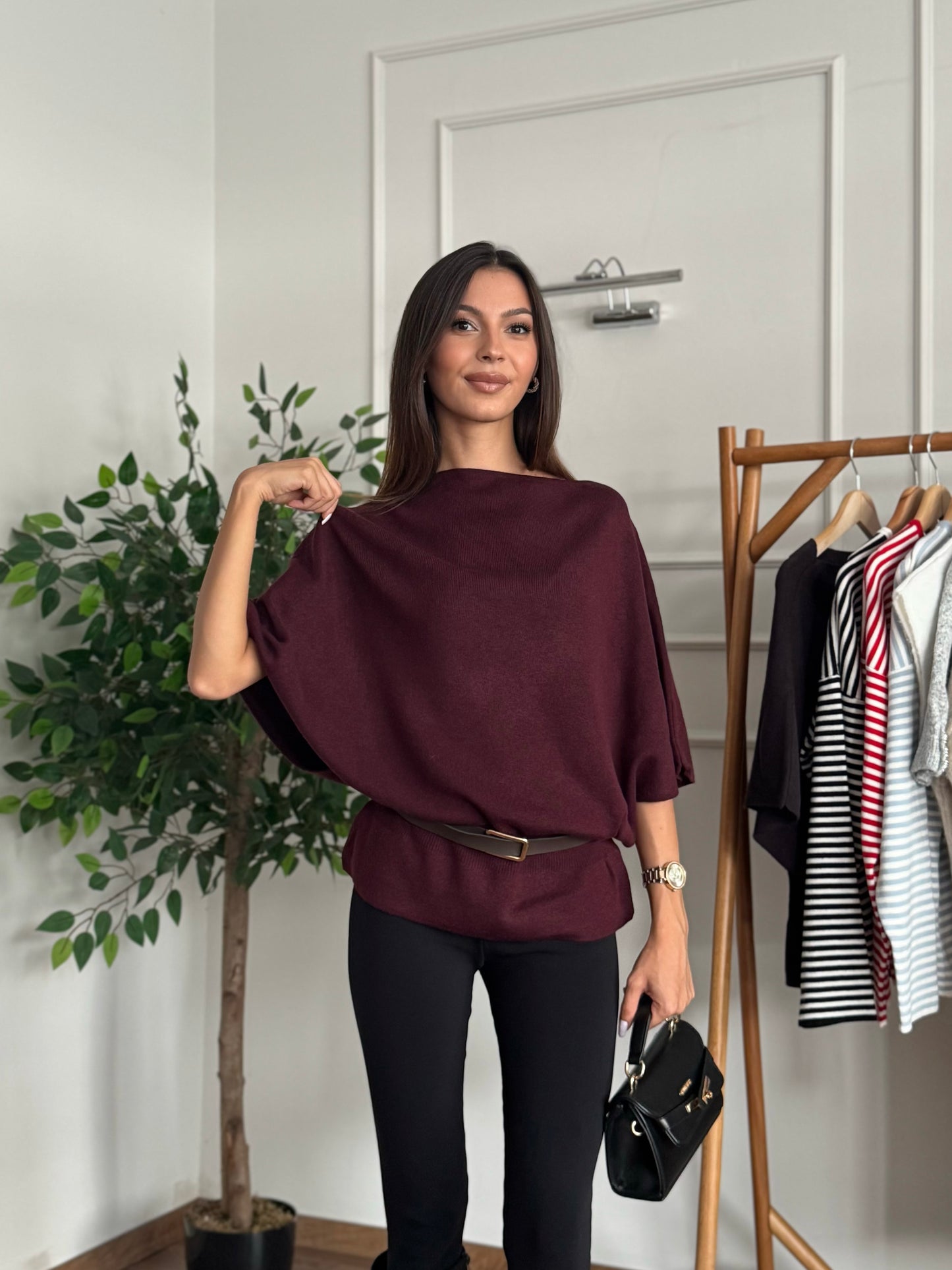 Hilda Kemerli Triko Bordo Bluz