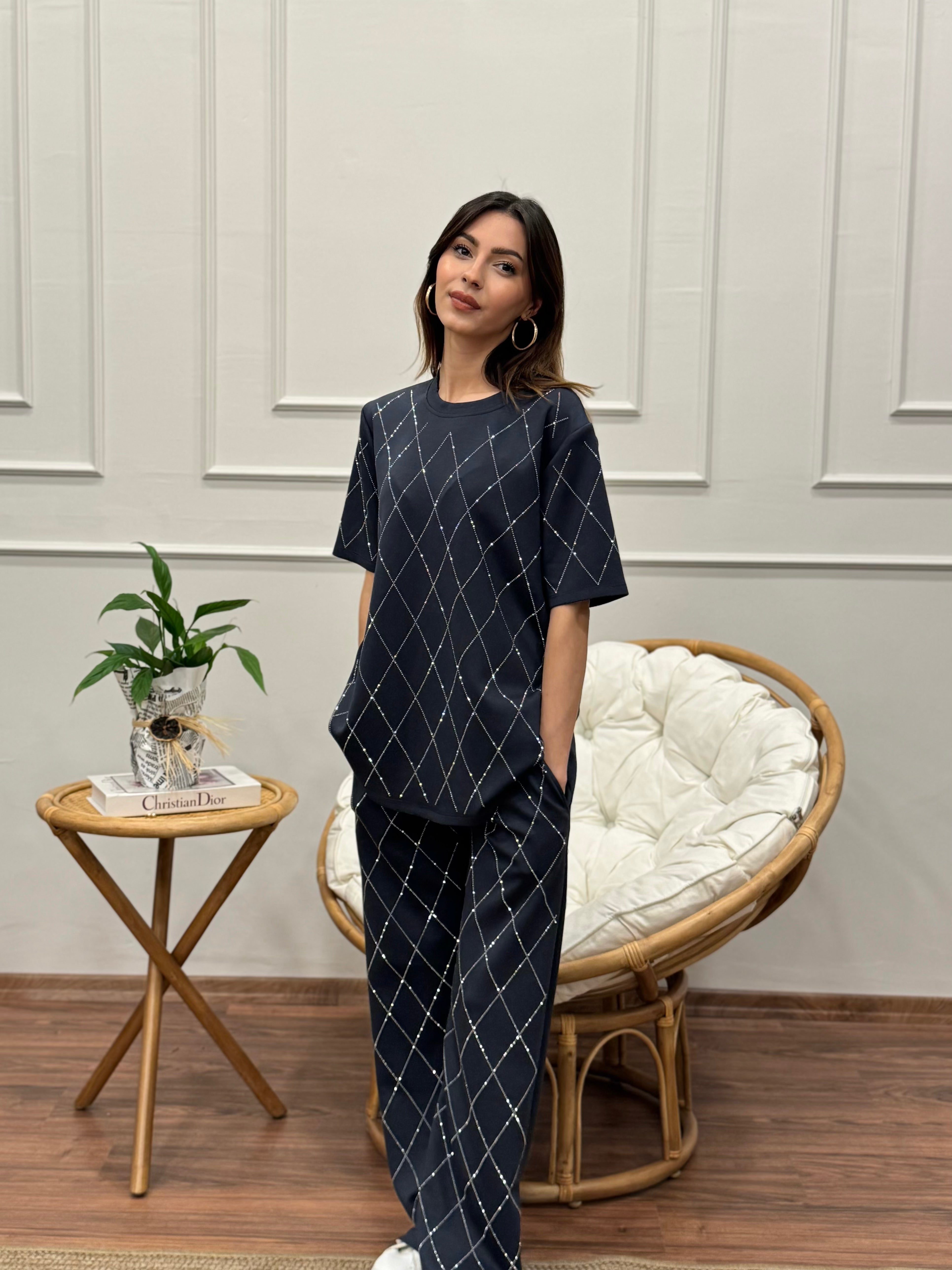 Oys Baklava Desen Taş Baskı Antrasit Bluz Pantolon Takım