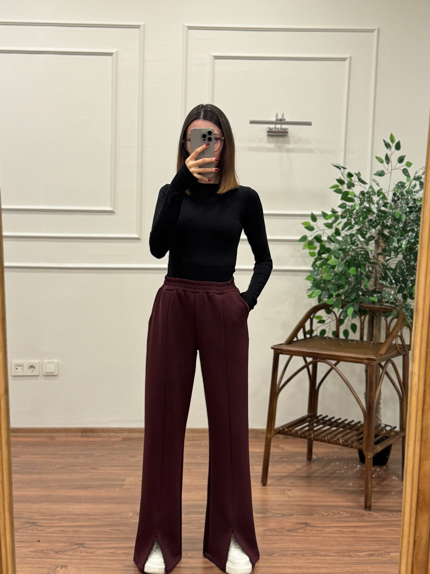 Megi Scuba Yırtmaç Detay Bordo Pantolon