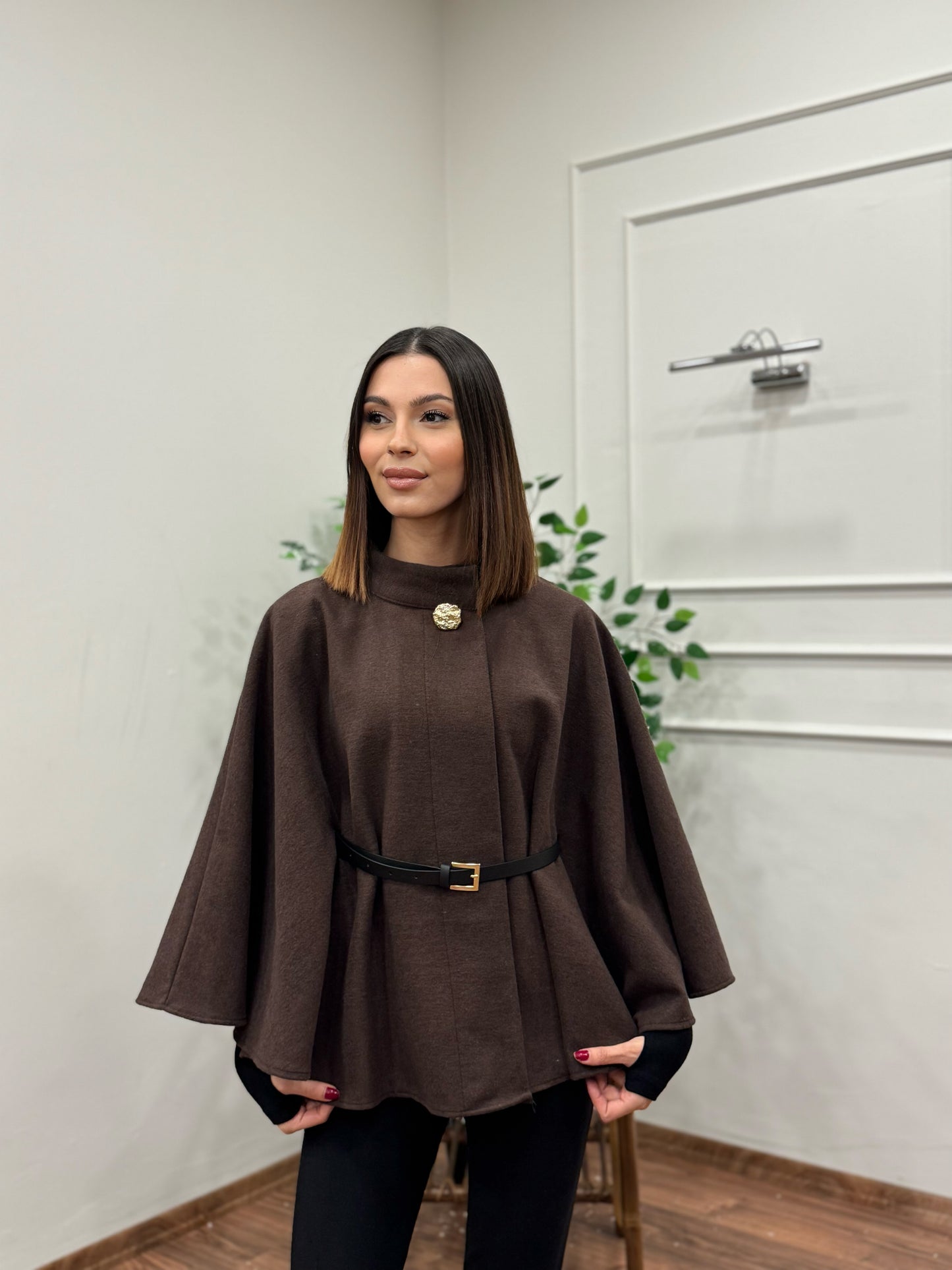 Liya Kemerli Kaşe Kahverengi Panço