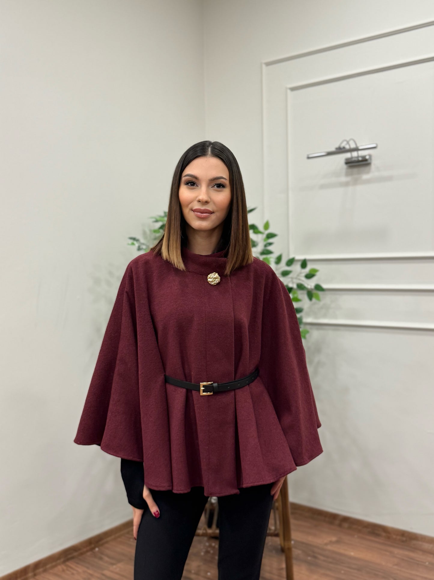 Liya Kemerli Kaşe Bordo Panço