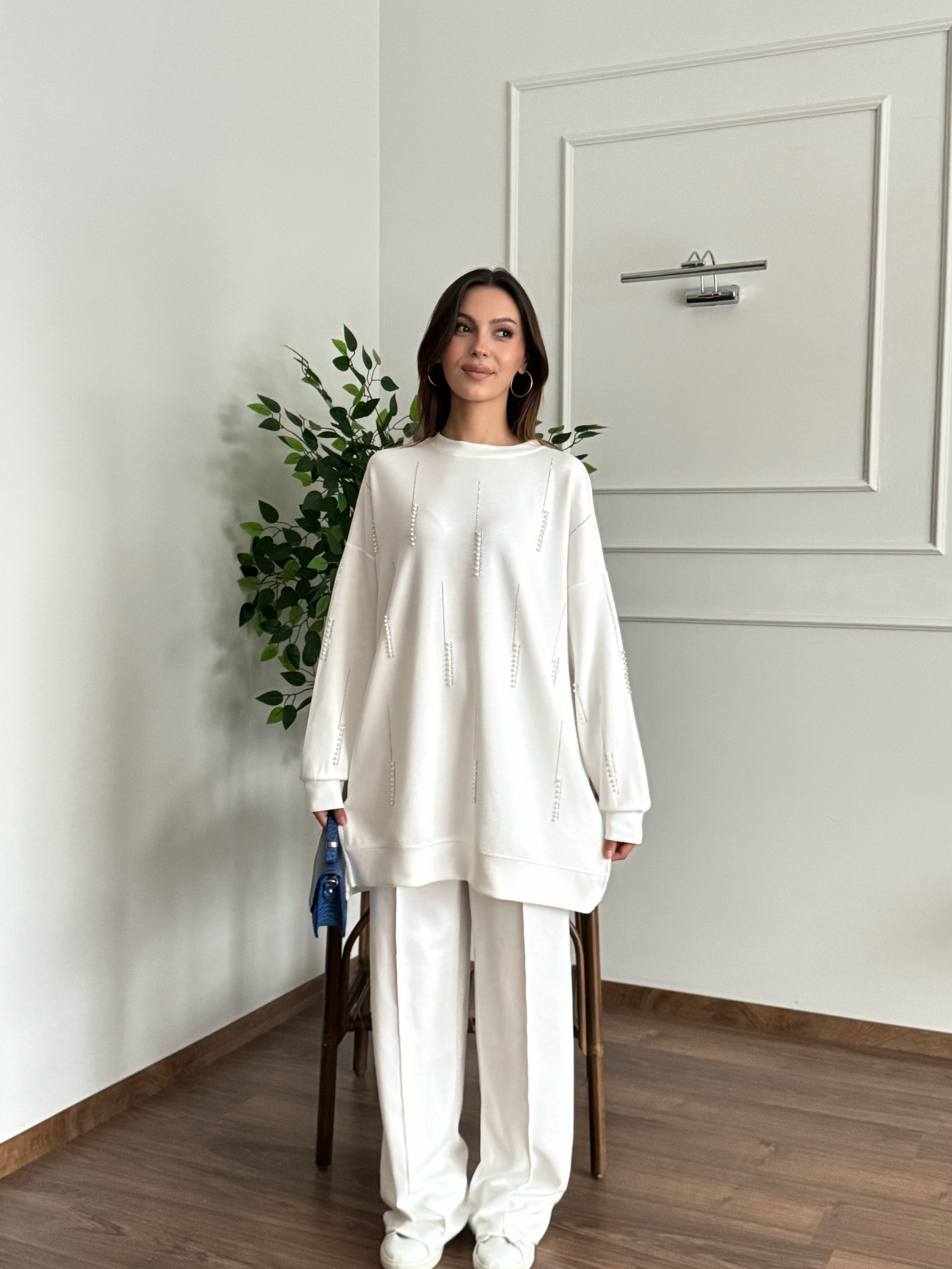 İnci Taş Detay Tunik Pantolon Beyaz Takım