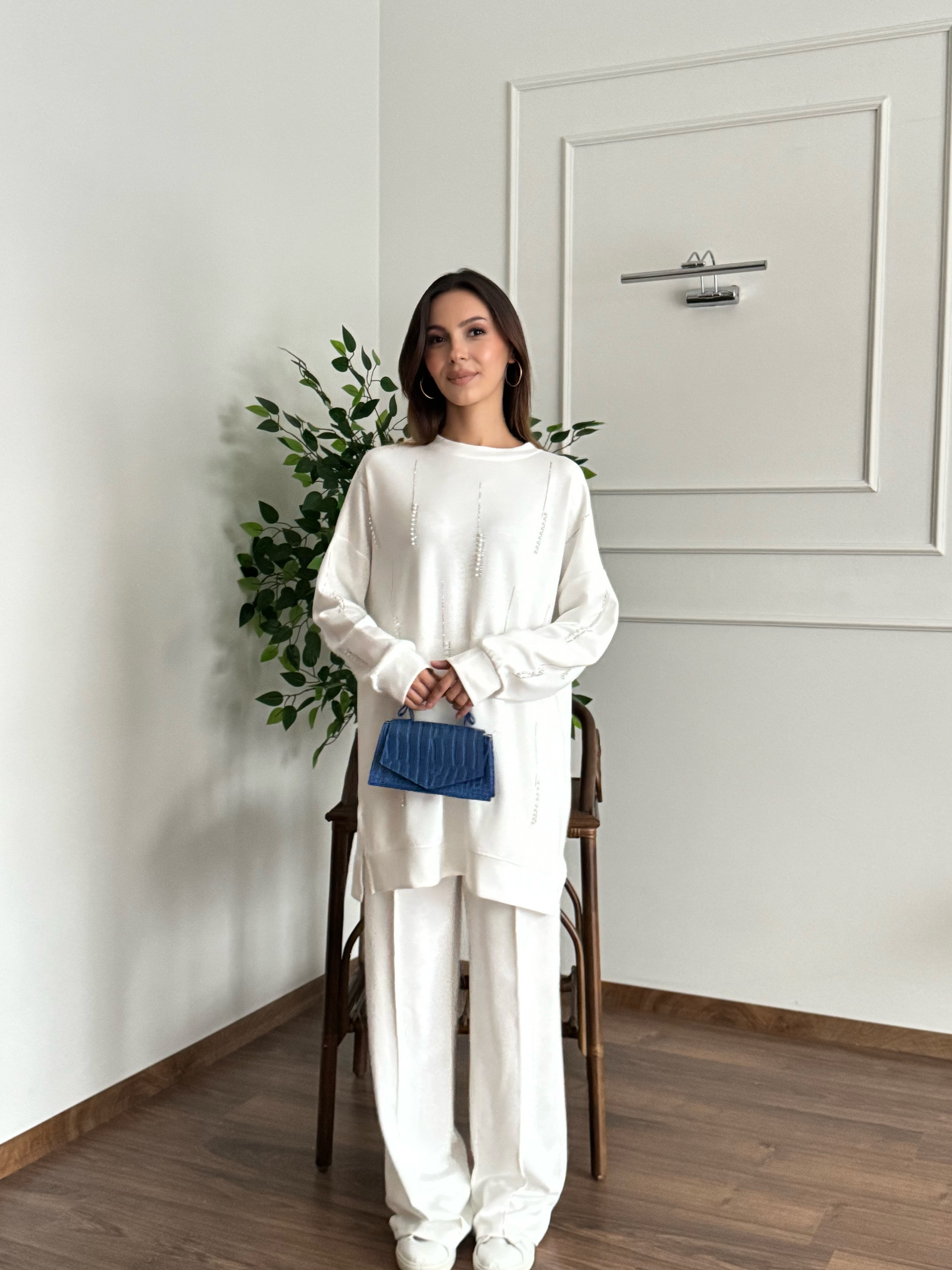 İnci Taş Detay Tunik Pantolon Beyaz Takım