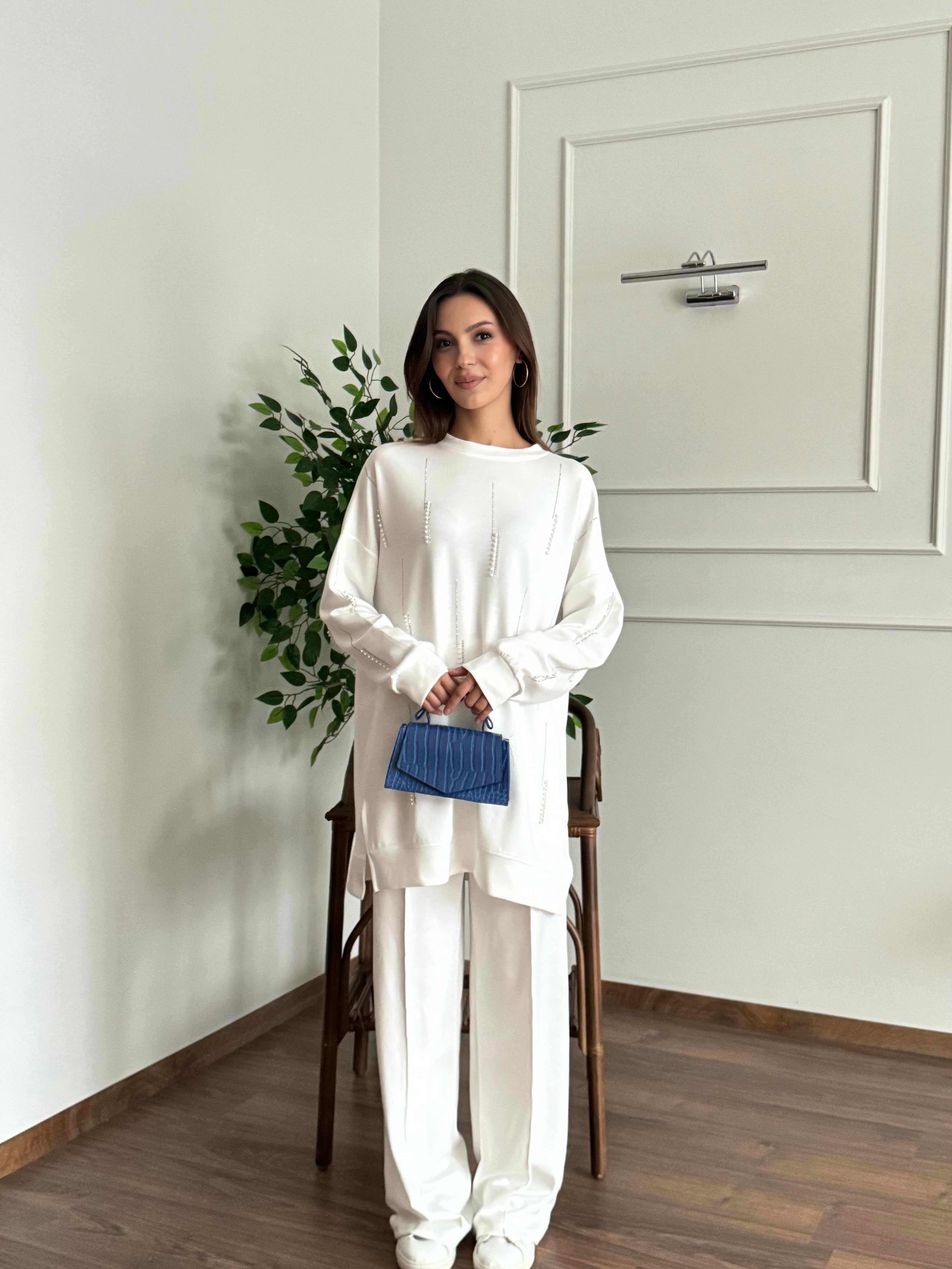 İnci Taş Detay Tunik Pantolon Beyaz Takım