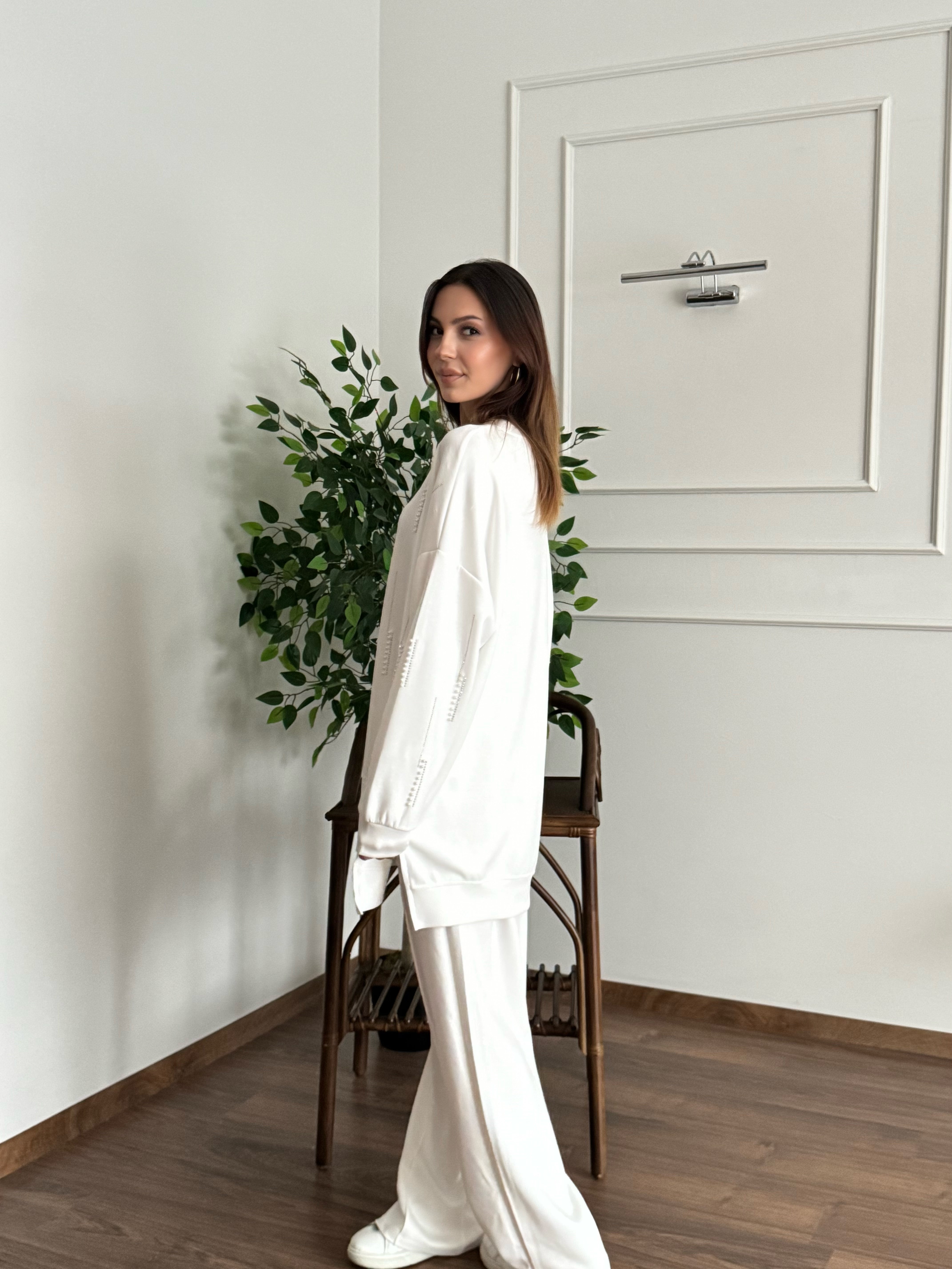 İnci Taş Detay Tunik Pantolon Beyaz Takım