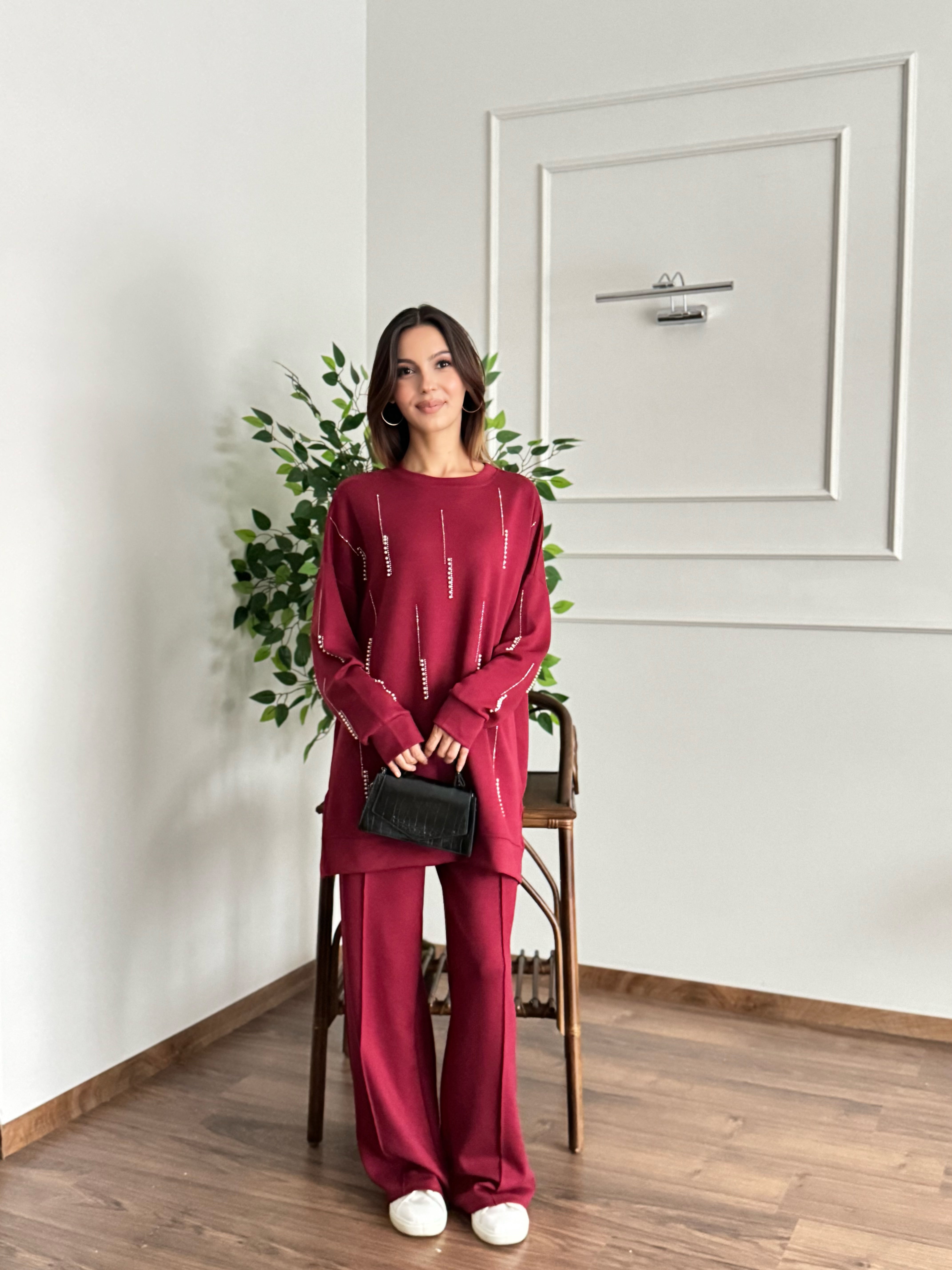 İnci Taş Detay Tunik Pantolon Bordo Takım