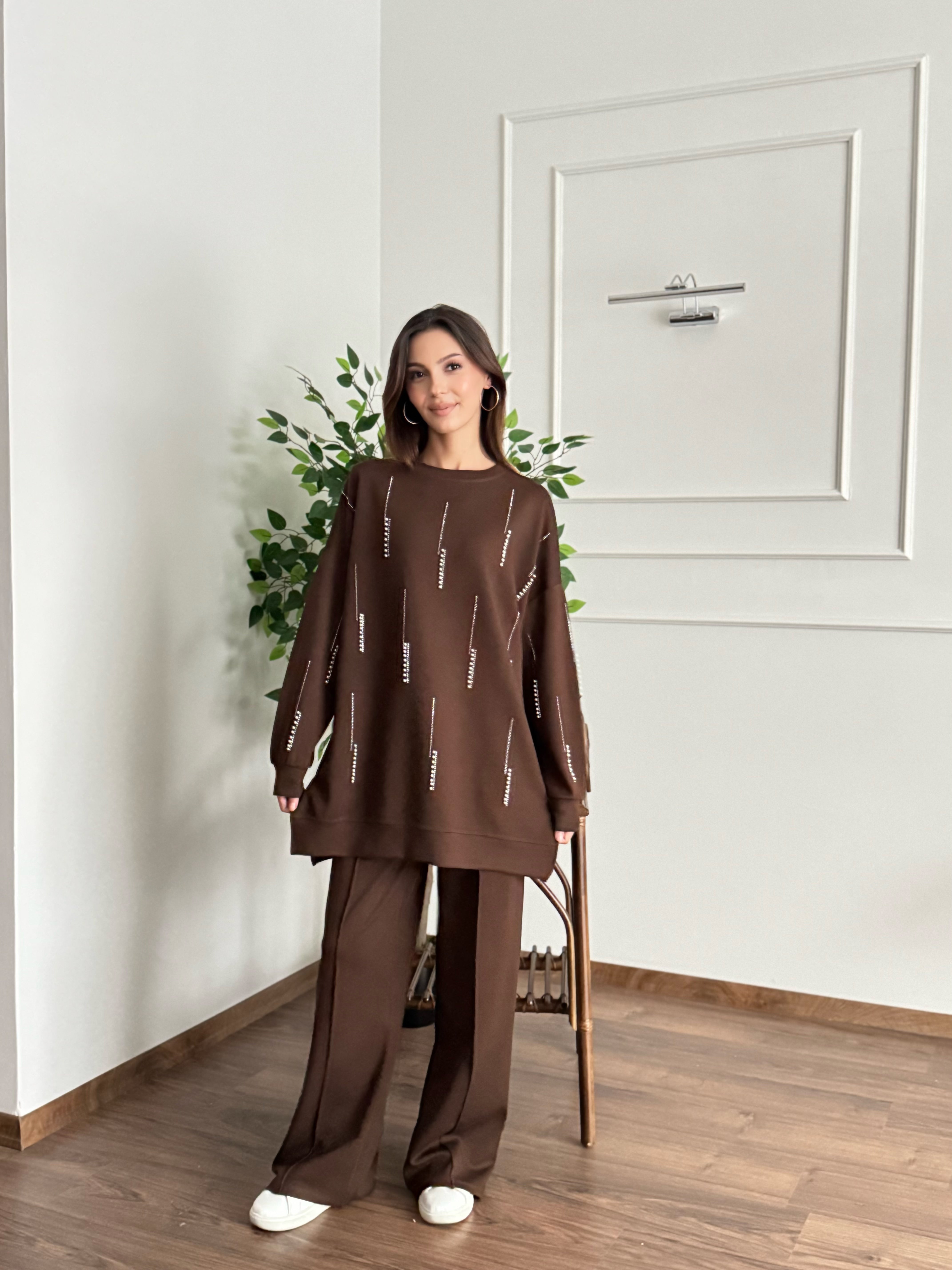 İnci Taş Detay Tunik Pantolon Kahverengi Takım