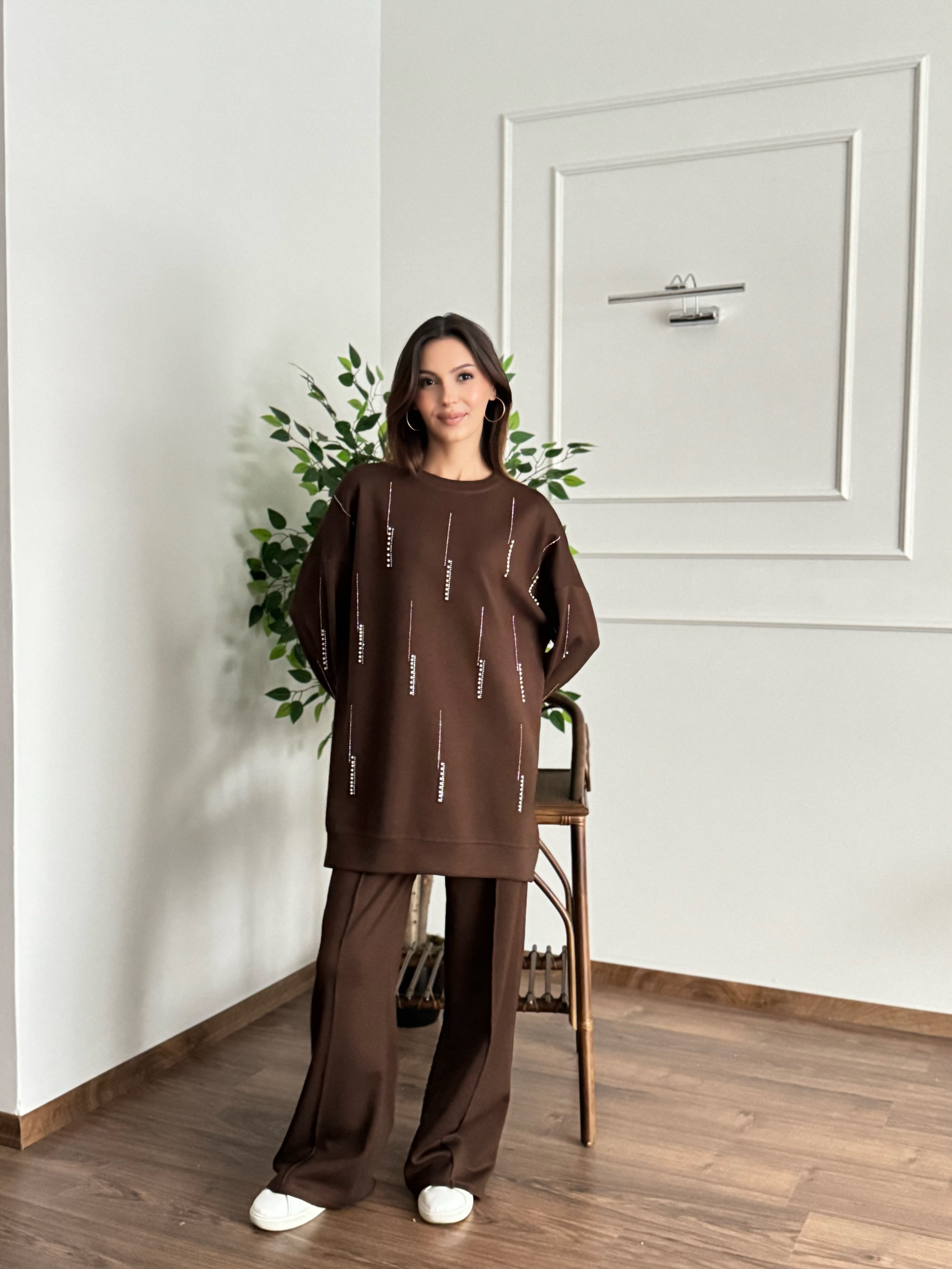 İnci Taş Detay Tunik Pantolon Kahverengi Takım