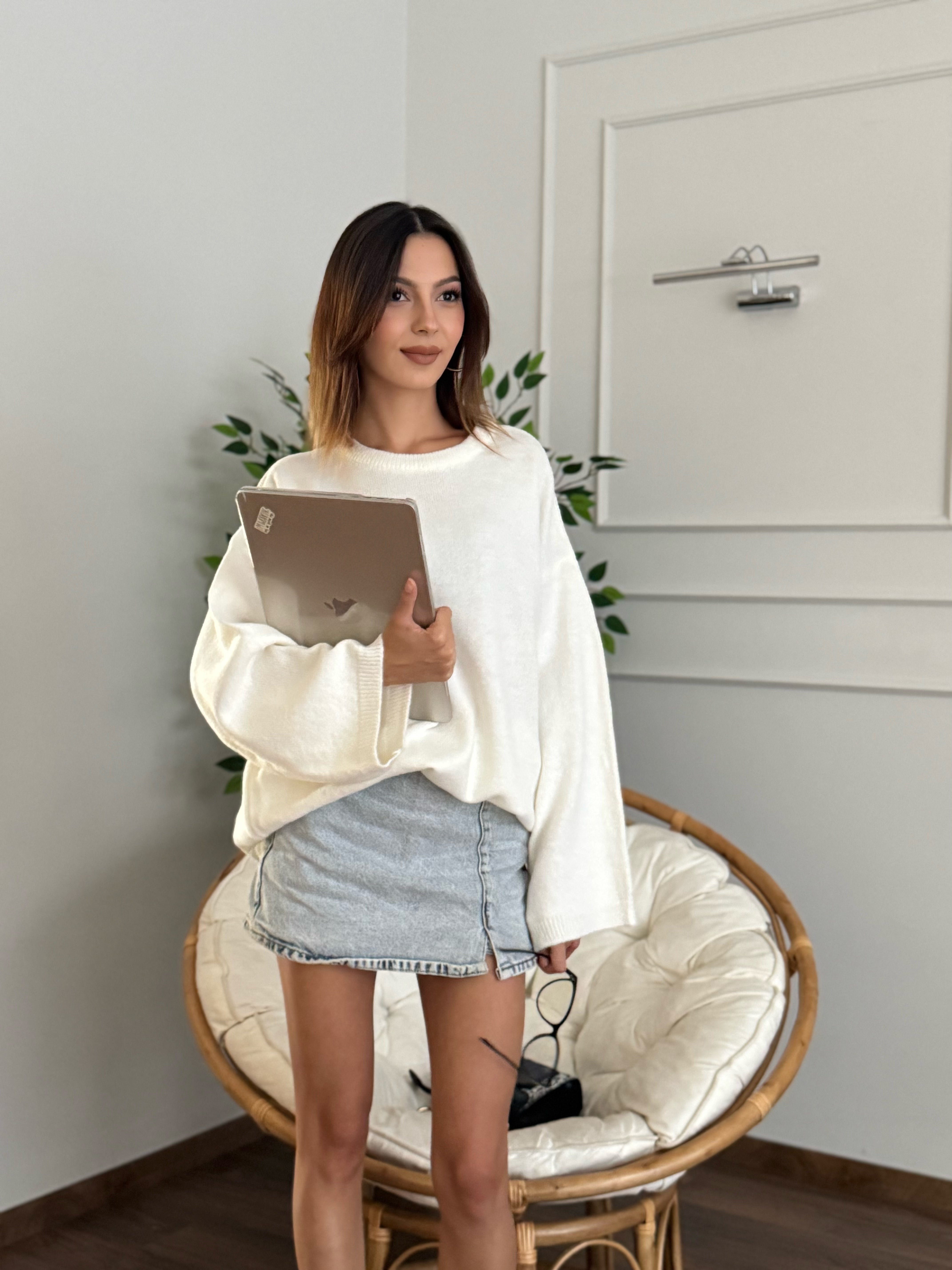 Oversize Bisiklet Yaka Pinterest Beyaz Kazak