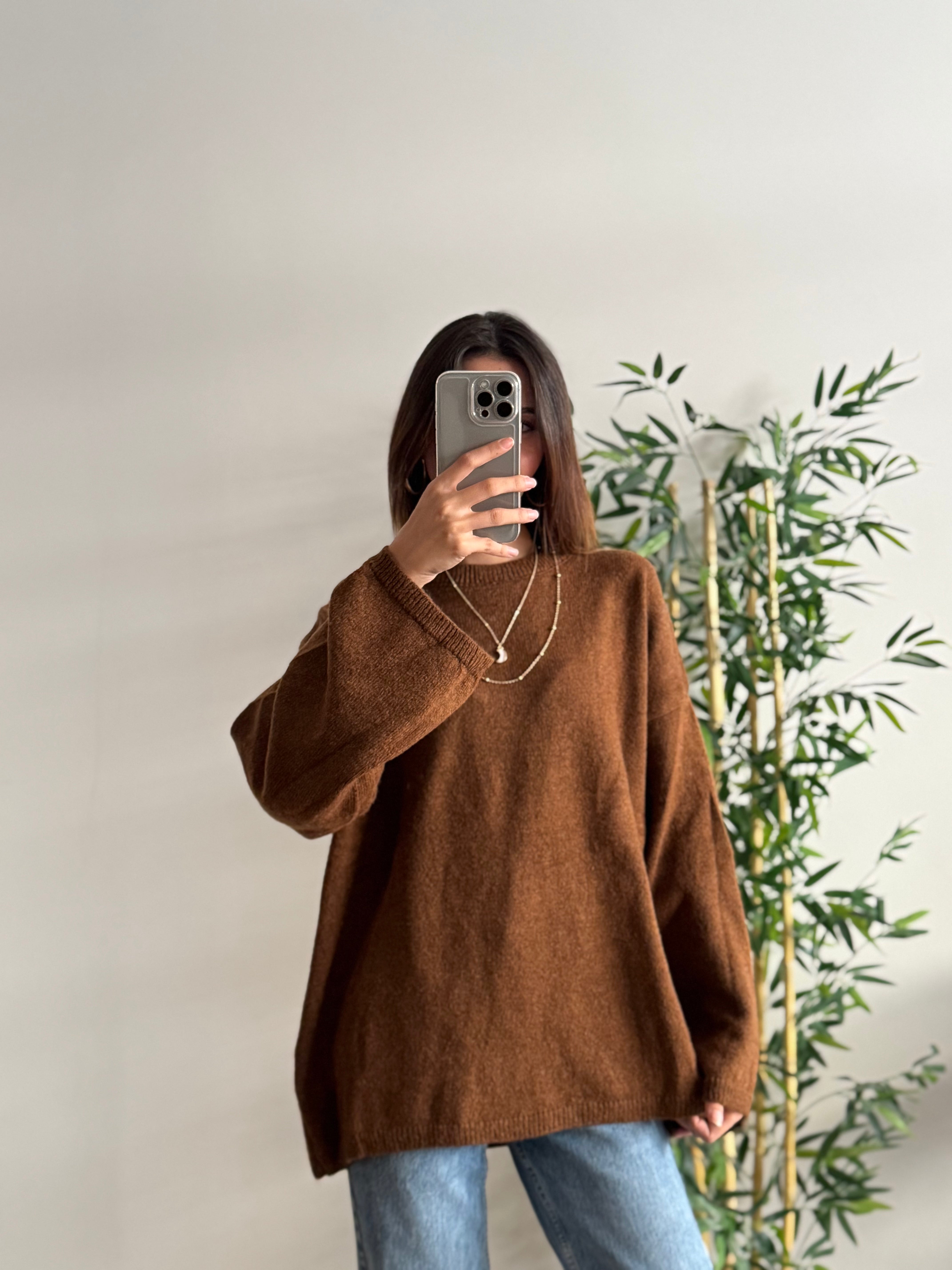 Oversize Bisiklet Yaka Pinterest Kahverengi Kazak