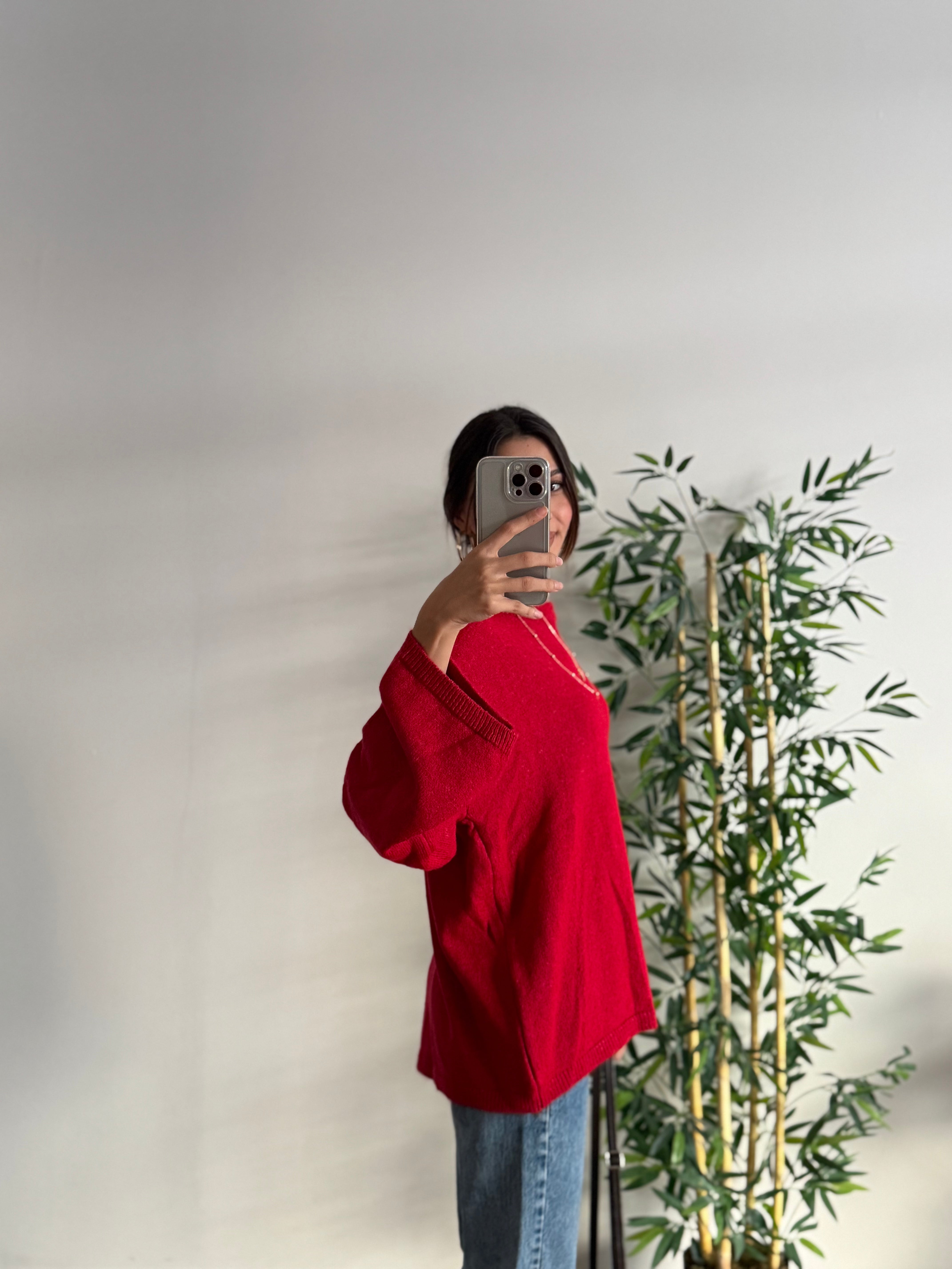 Oversize Bisiklet Yaka Pinterest Kırmızı Kazak