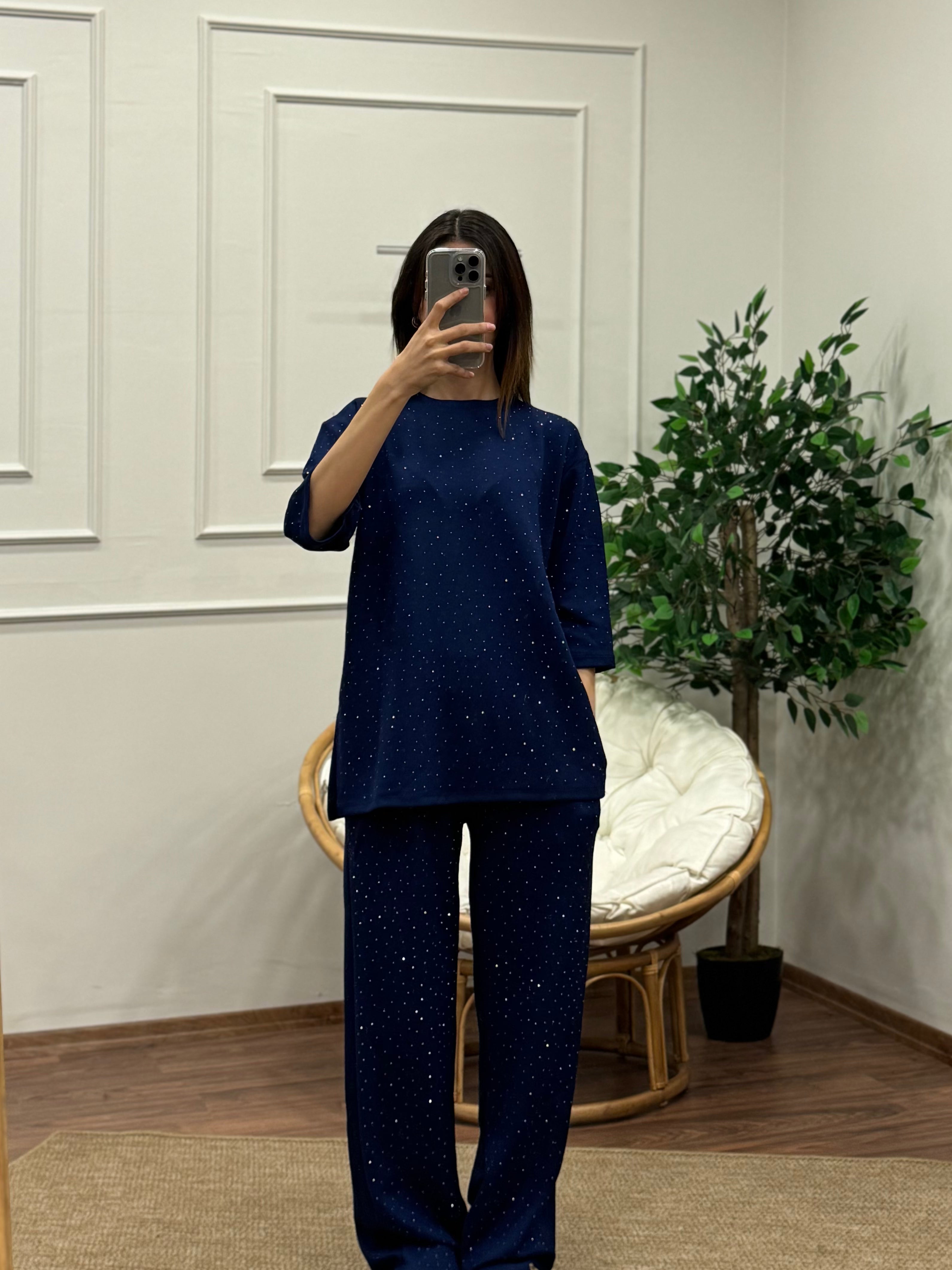 Oys Taş Baskı Lacivert Fakir Kol Bluz Pantolon Takım