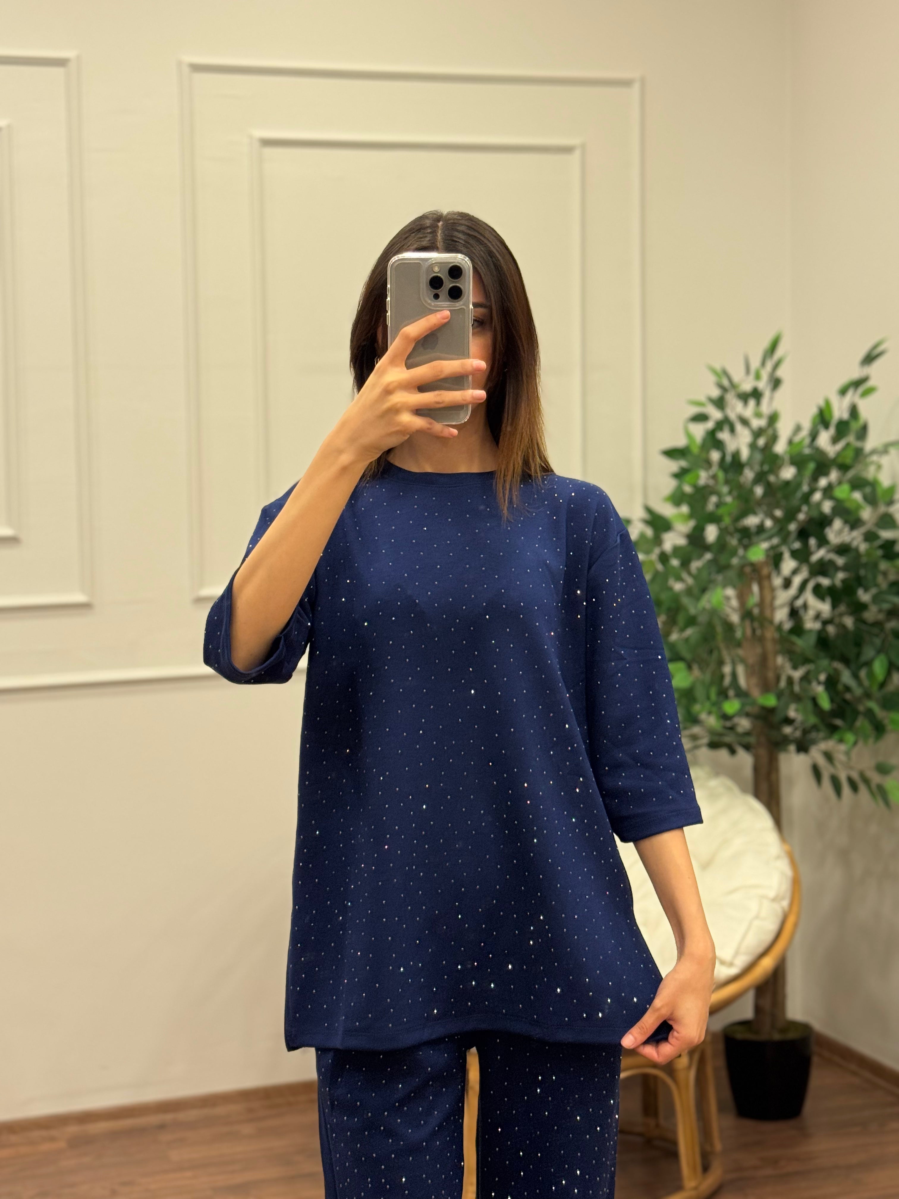 Oys Taş Baskı Lacivert Fakir Kol Bluz Pantolon Takım