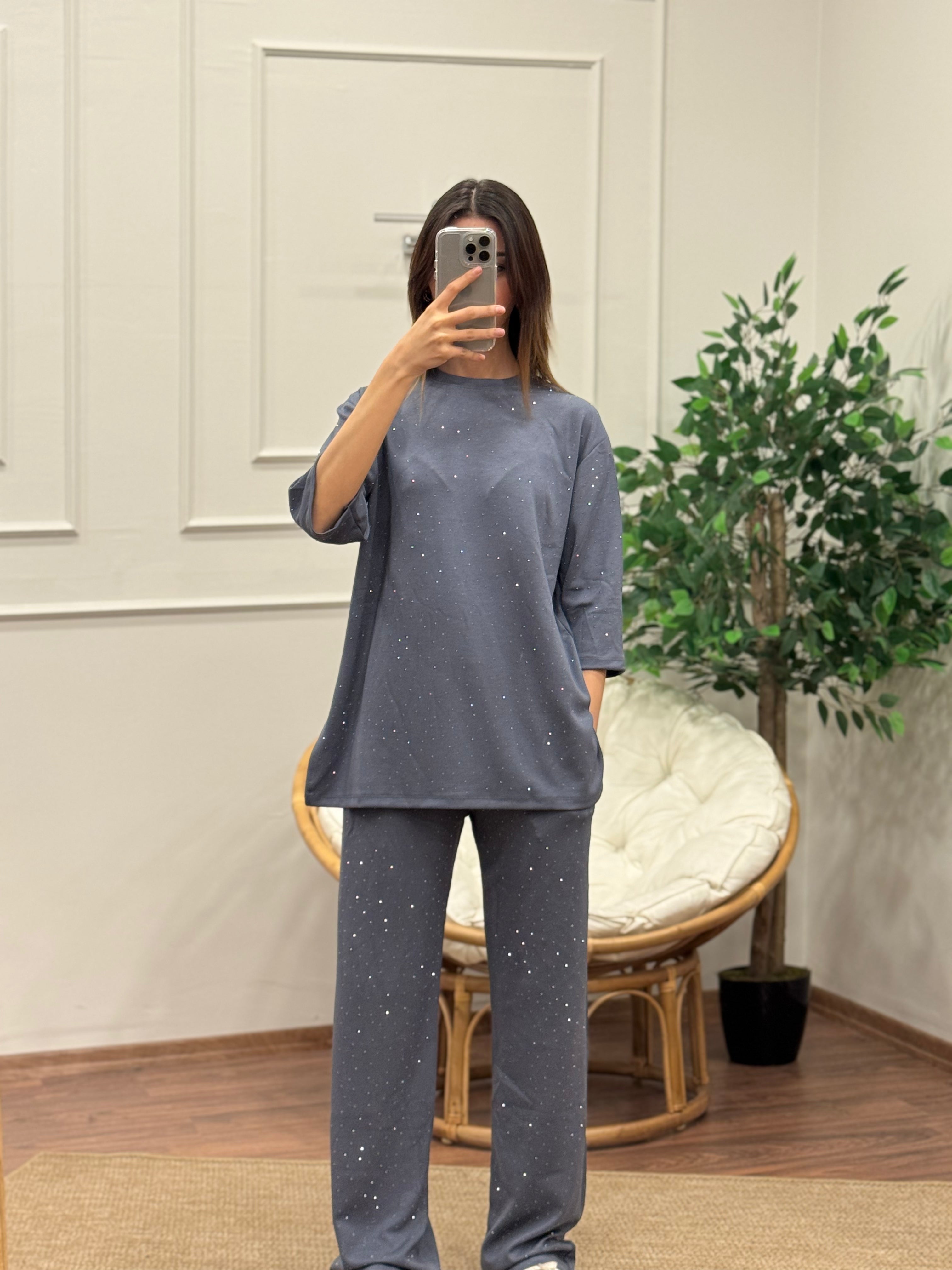 Oys Taş Baskı Antrasit/Gri Fakir Kol Bluz Pantolon Takım