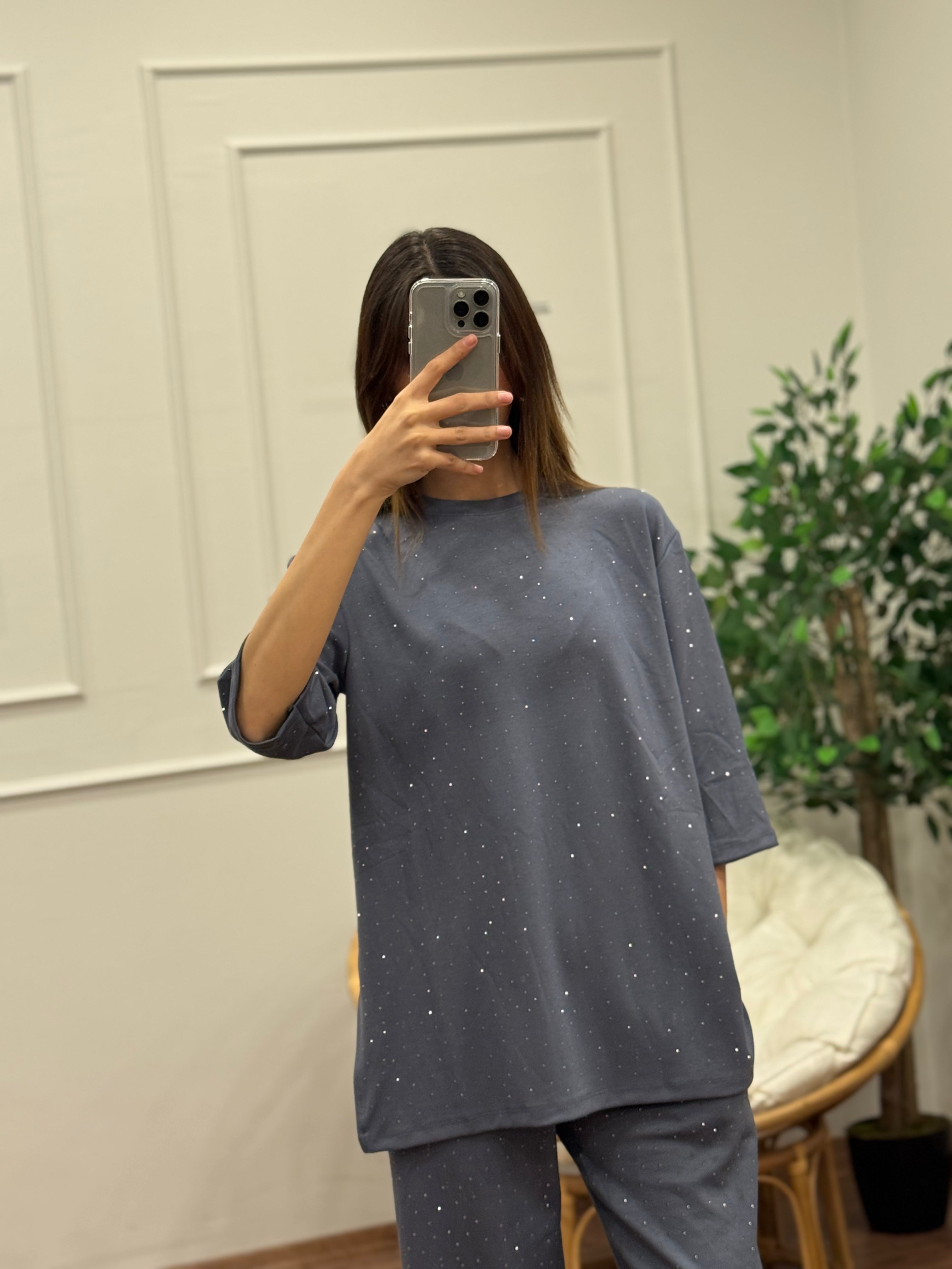 Oys Taş Baskı Antrasit/Gri Fakir Kol Bluz Pantolon Takım