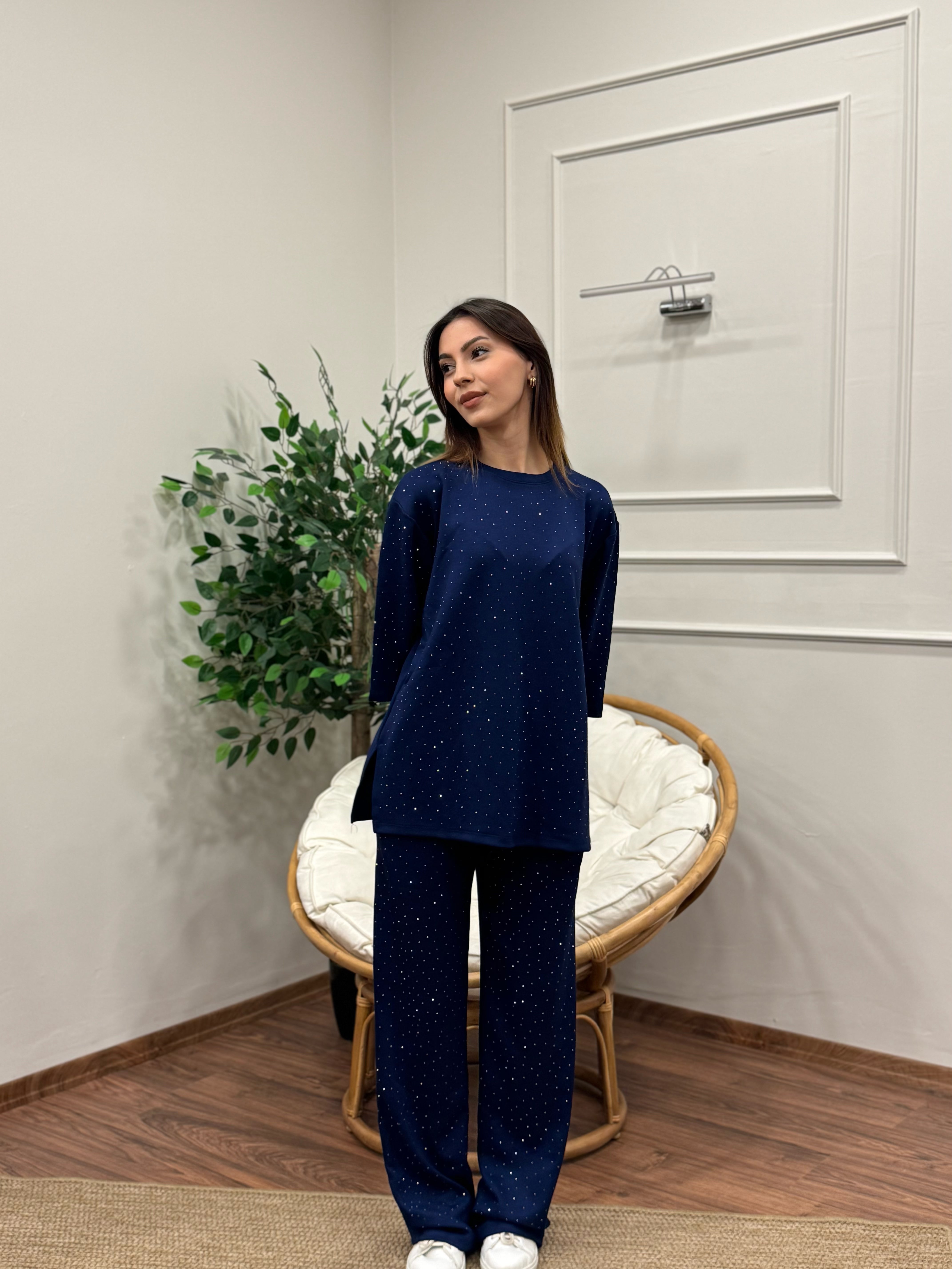 Oys Taş Baskı Lacivert Fakir Kol Bluz Pantolon Takım