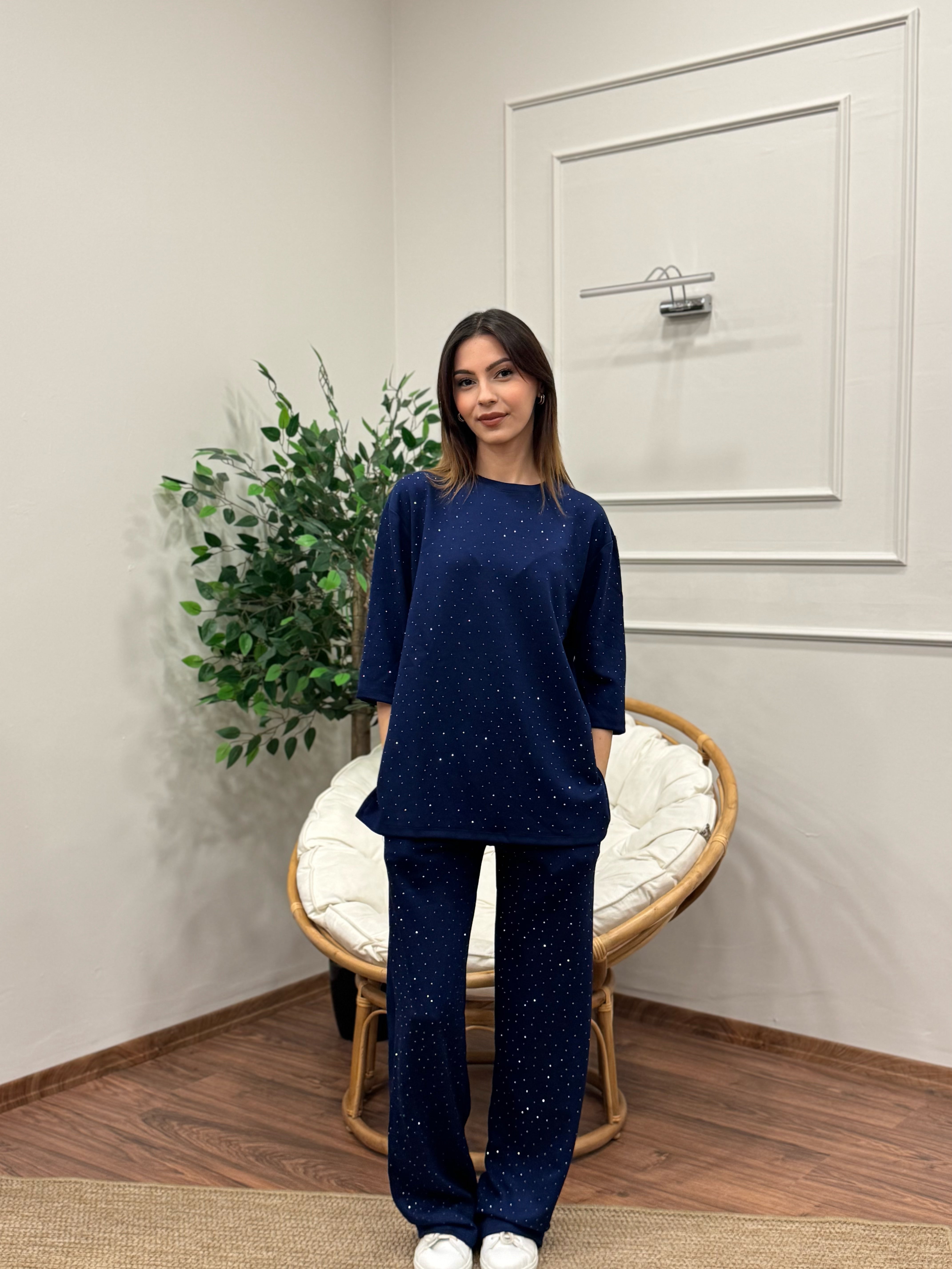 Oys Taş Baskı Lacivert Fakir Kol Bluz Pantolon Takım