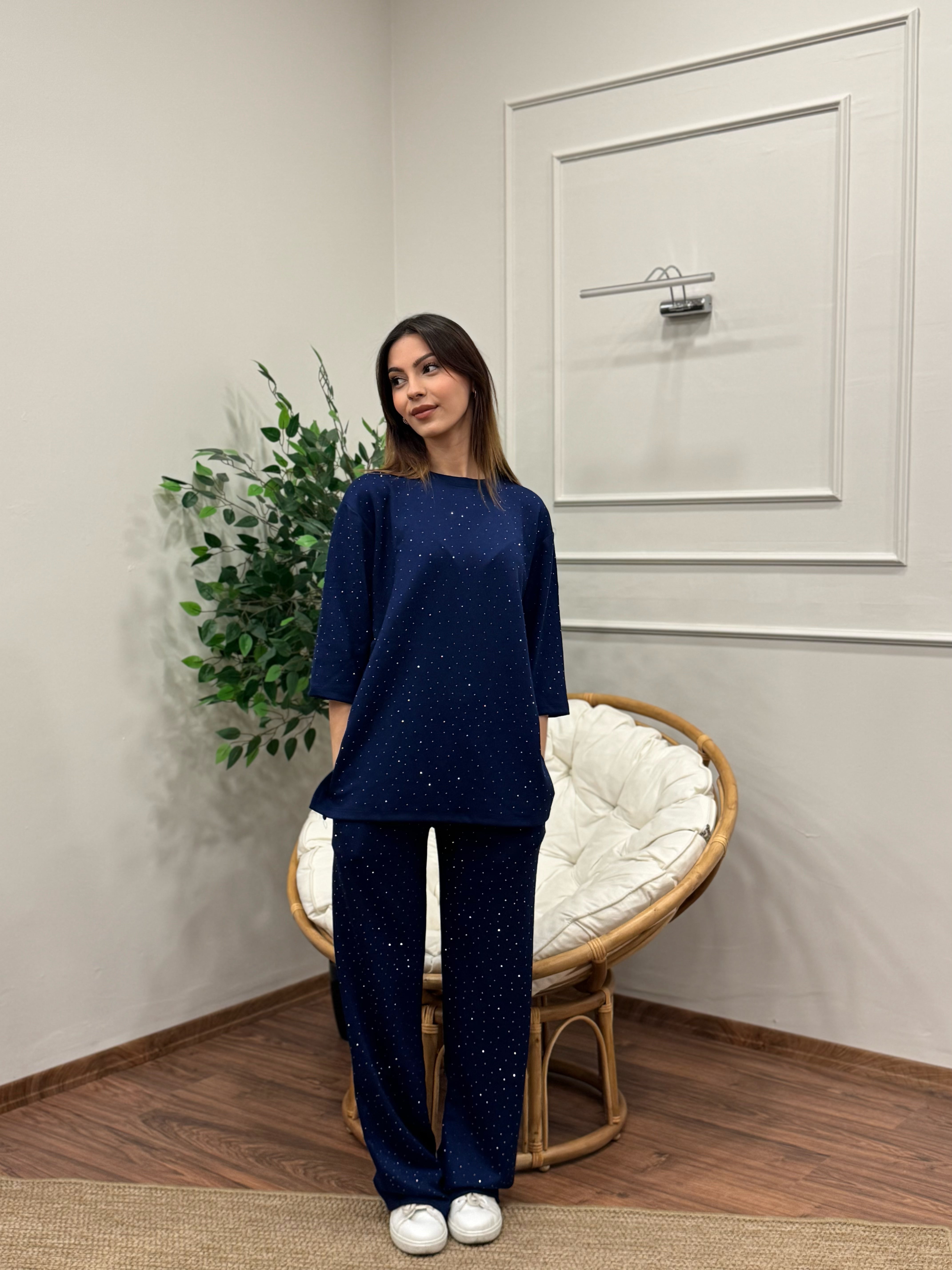 Oys Taş Baskı Lacivert Fakir Kol Bluz Pantolon Takım