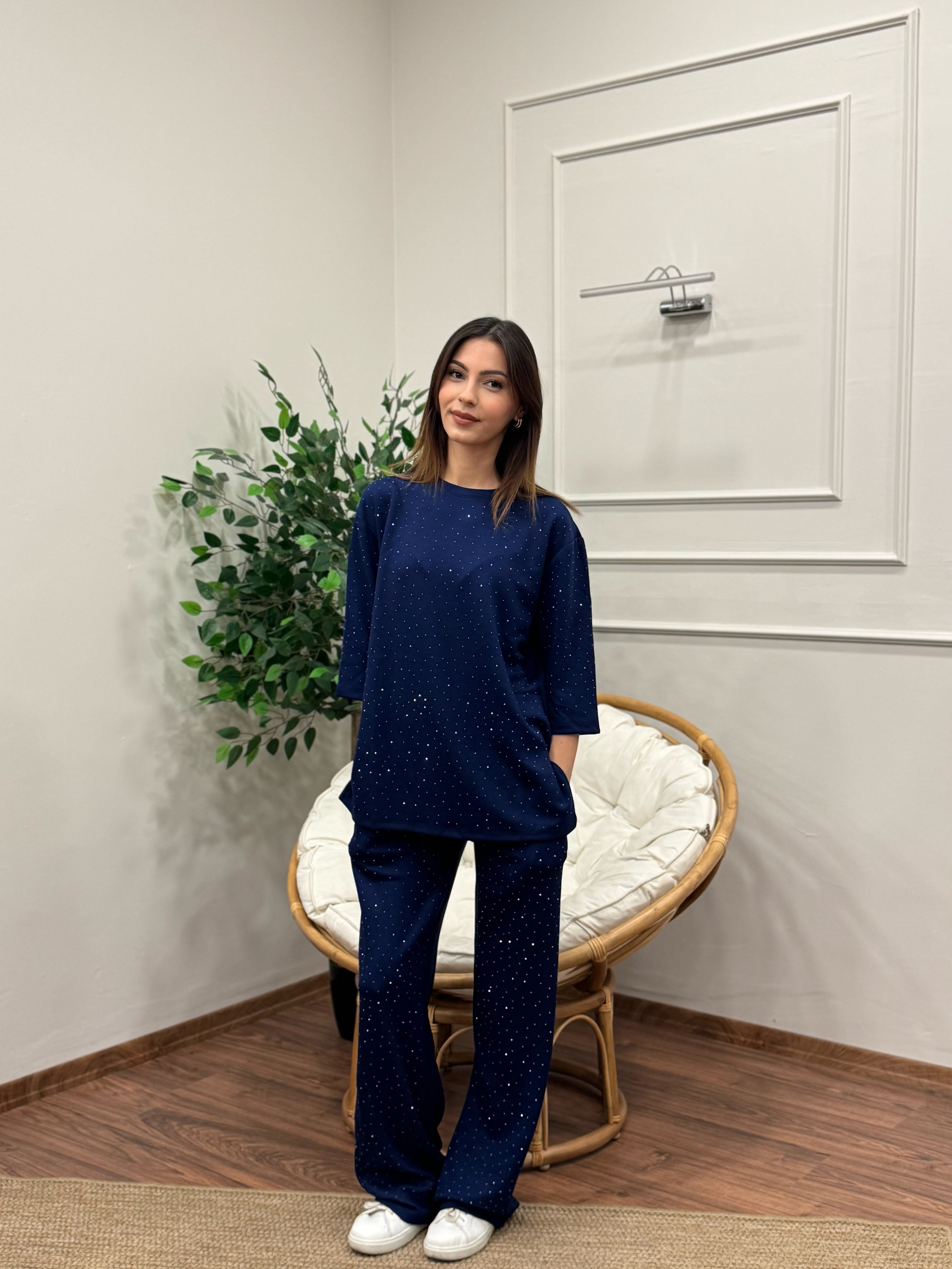 Oys Taş Baskı Lacivert Fakir Kol Bluz Pantolon Takım