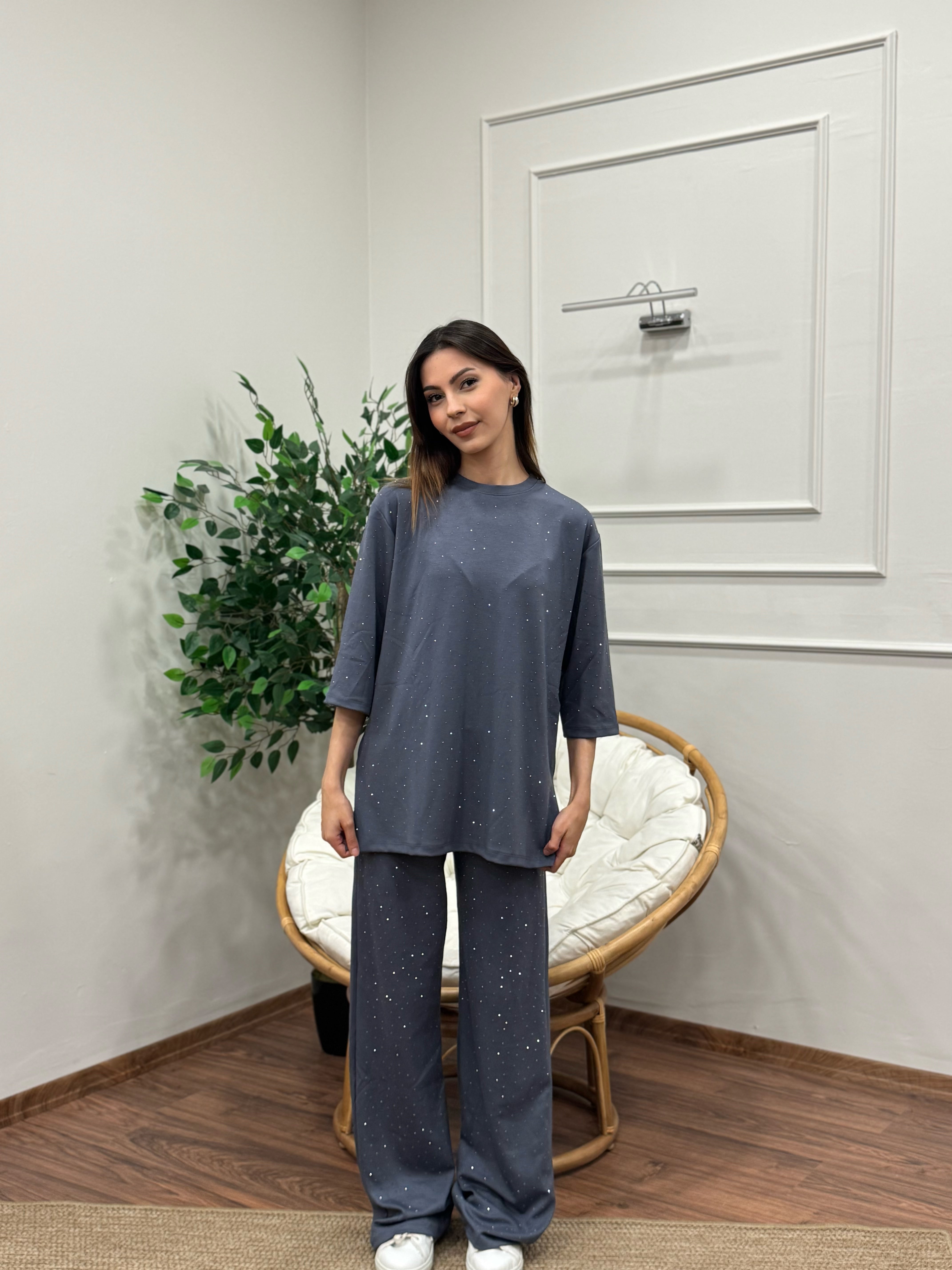 Oys Taş Baskı Antrasit/Gri Fakir Kol Bluz Pantolon Takım