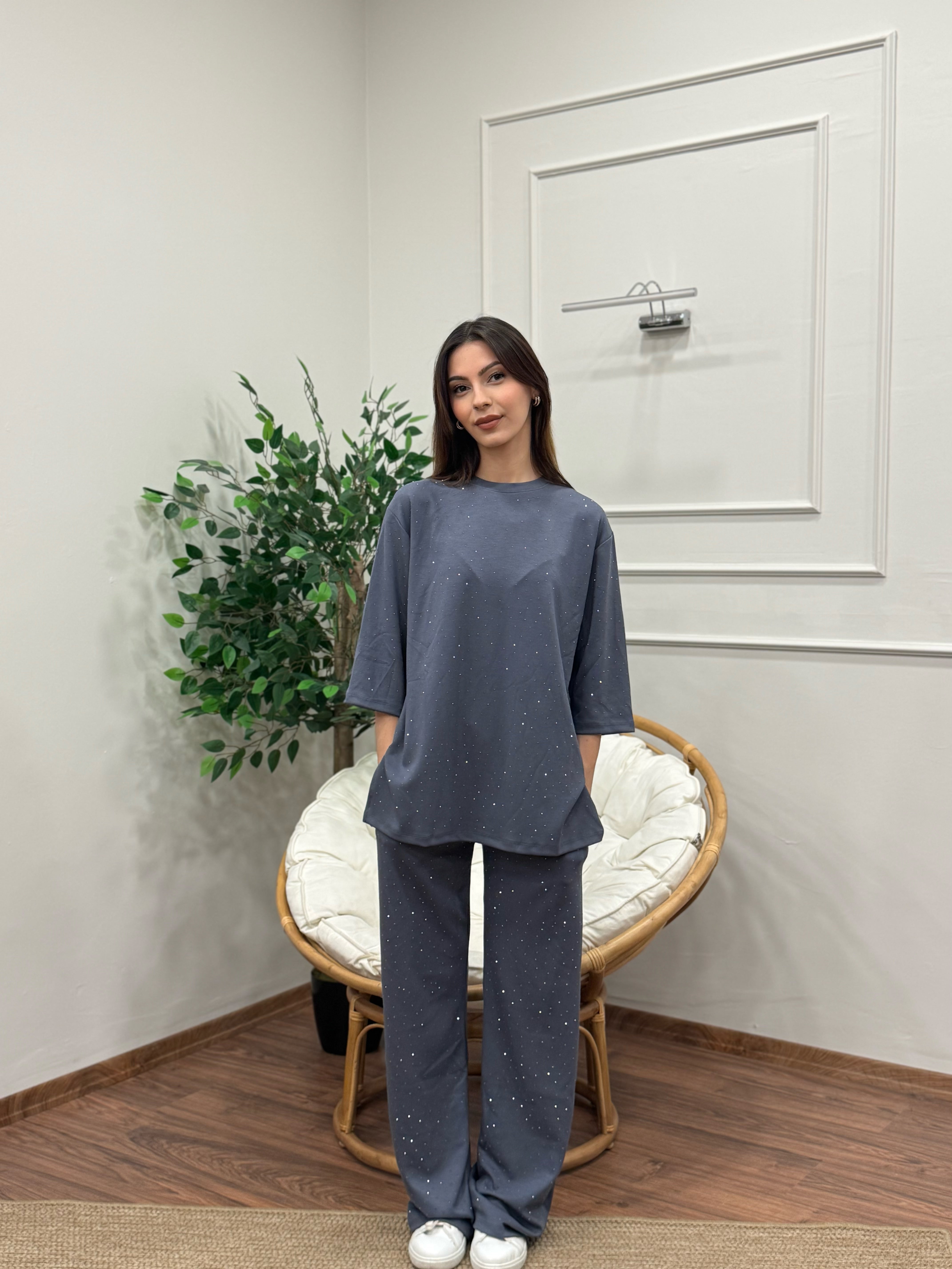 Oys Taş Baskı Antrasit/Gri Fakir Kol Bluz Pantolon Takım