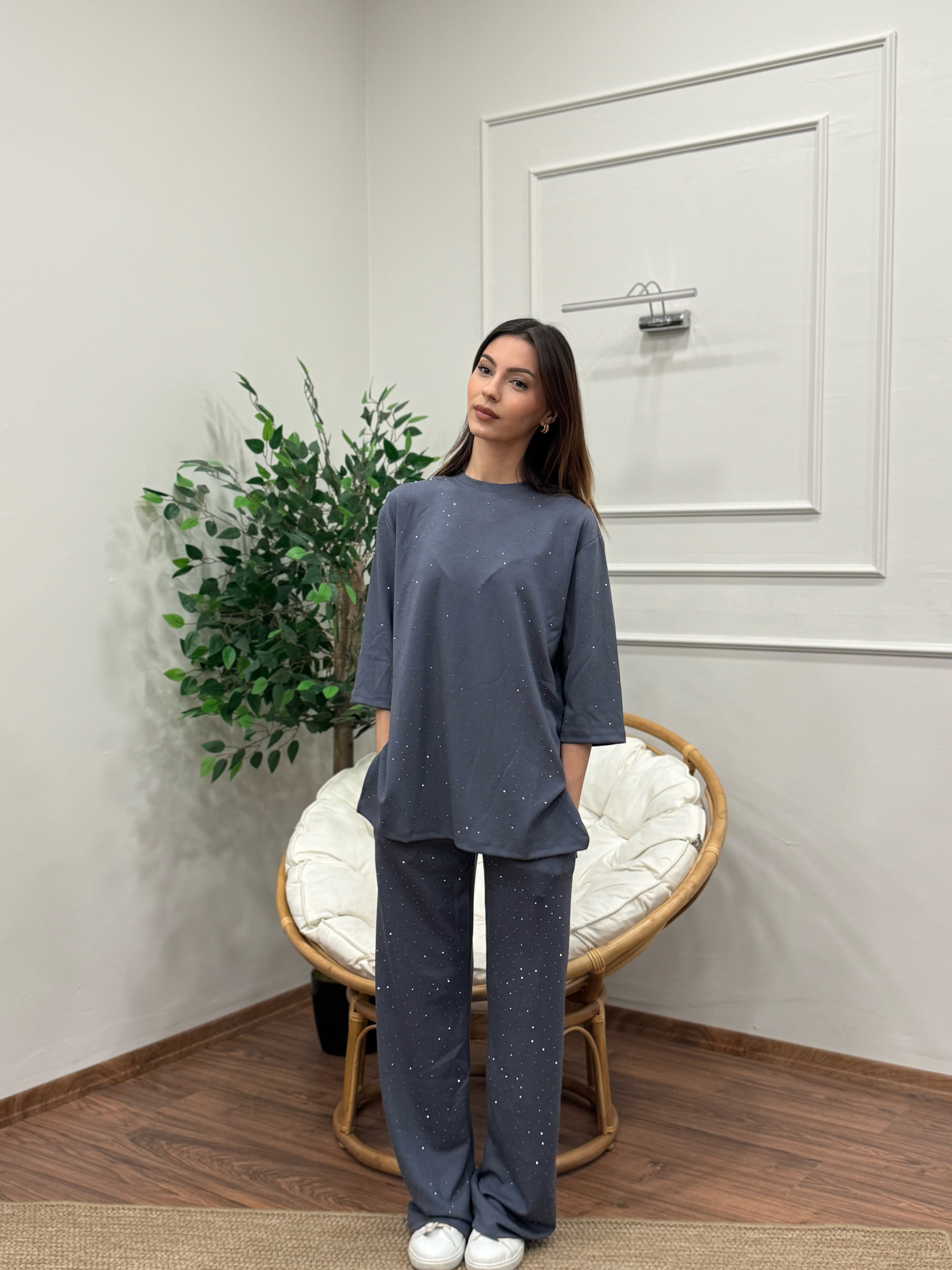 Oys Taş Baskı Antrasit/Gri Fakir Kol Bluz Pantolon Takım