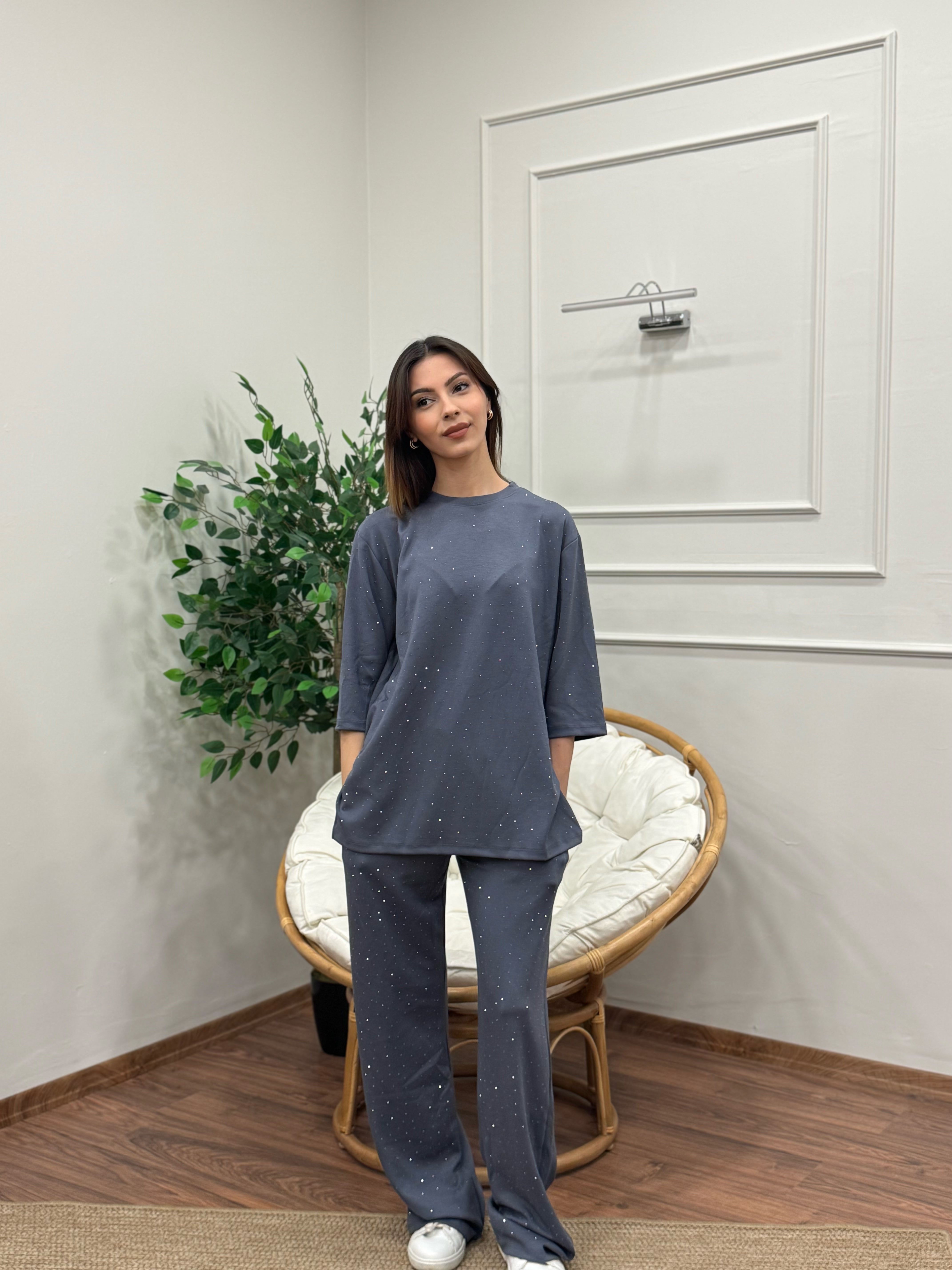 Oys Taş Baskı Antrasit/Gri Fakir Kol Bluz Pantolon Takım