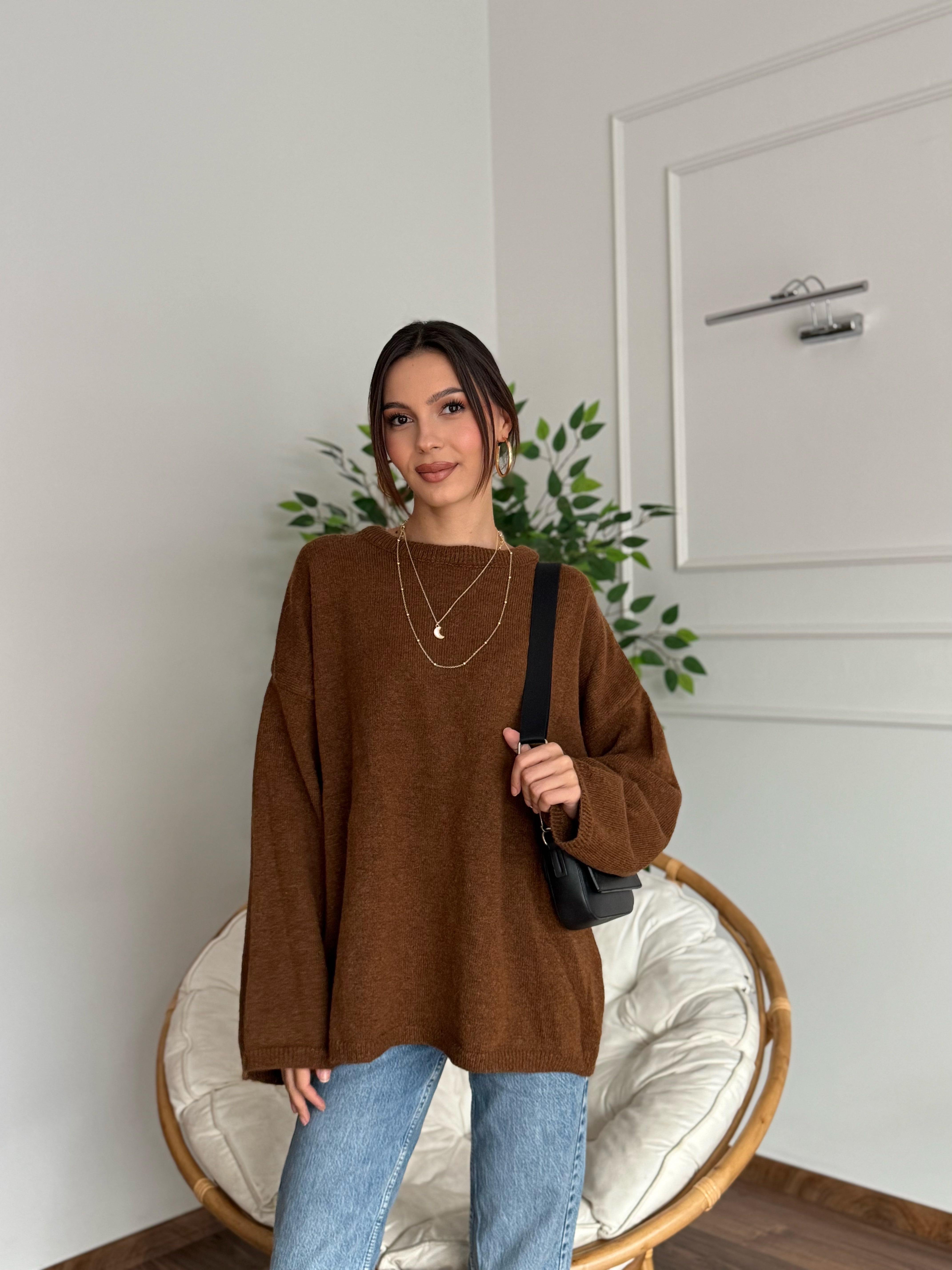 Oversize Bisiklet Yaka Pinterest Kahverengi Kazak