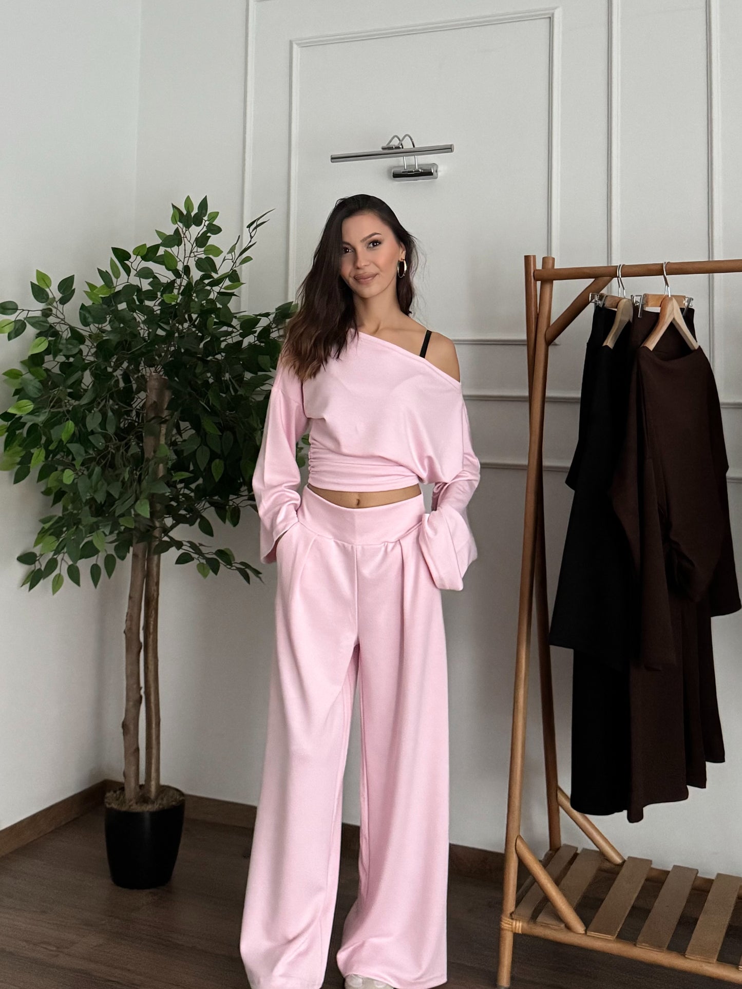 Siena Kayık Yaka Bluz Pantolon Pembe Takım