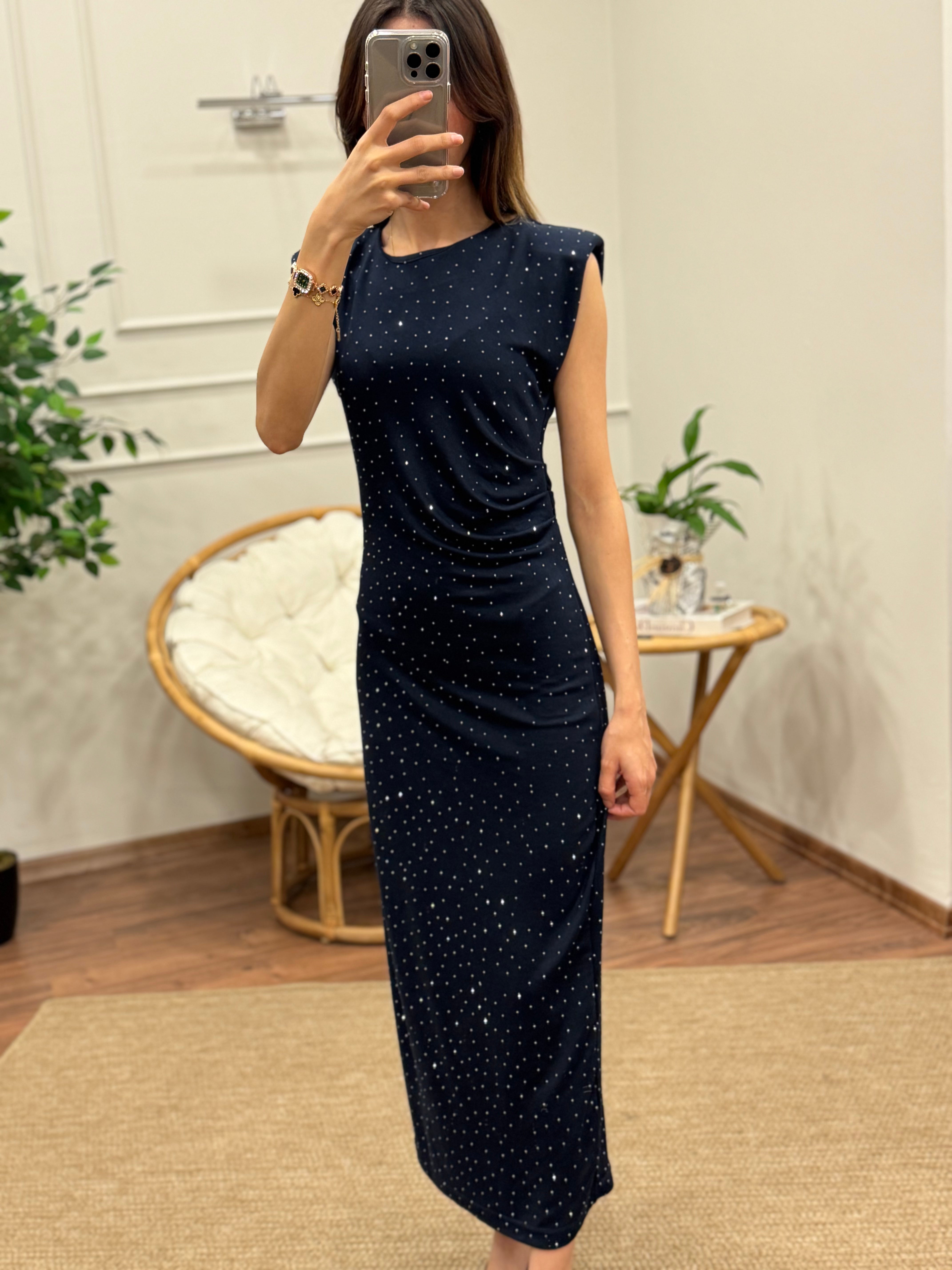 Taş Baskı Drape Detay Omuz Vatkalı Lacivert Elbise