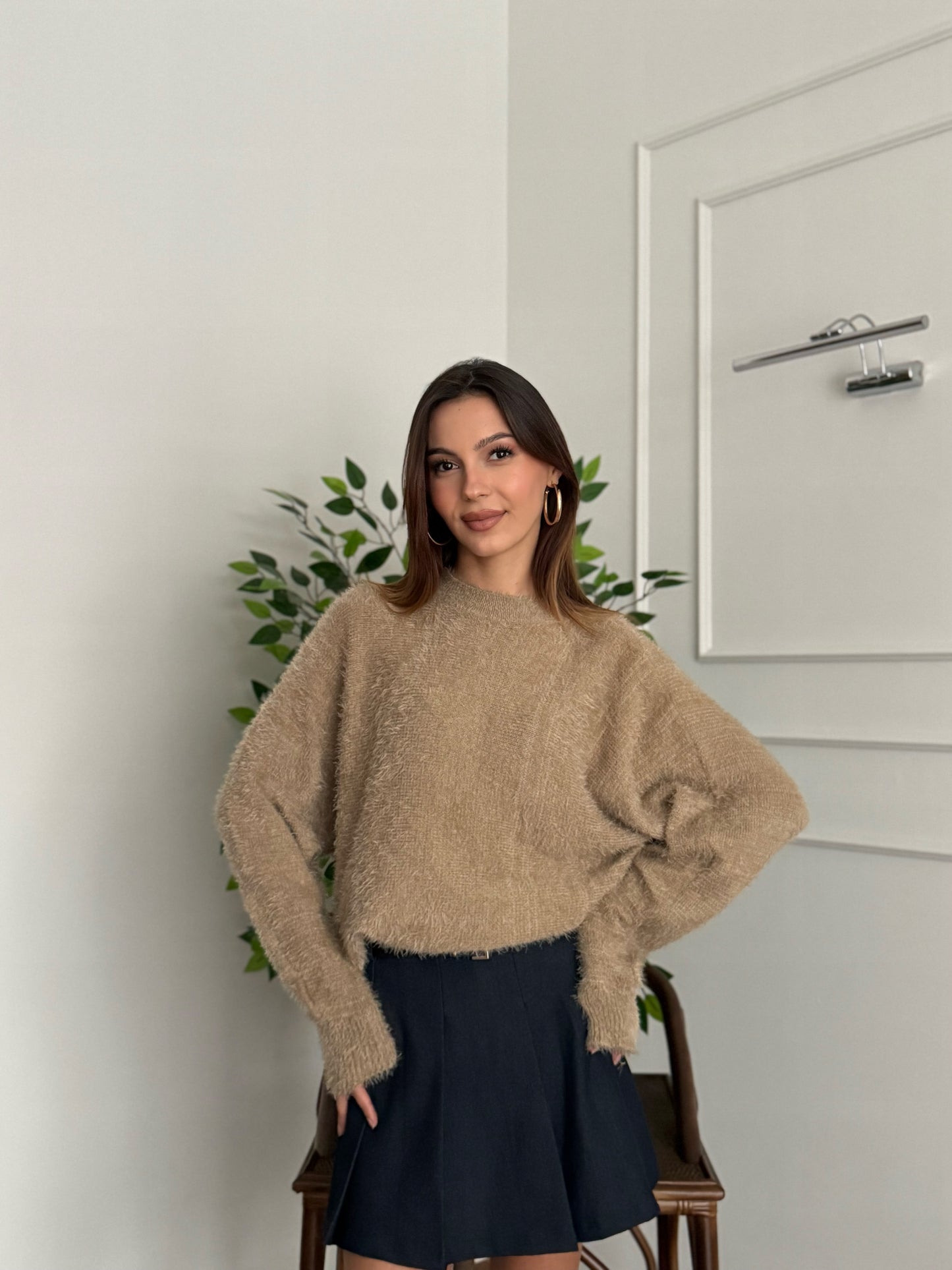 Sakallı Yarasa Kol Sütlü Kahve Kazak