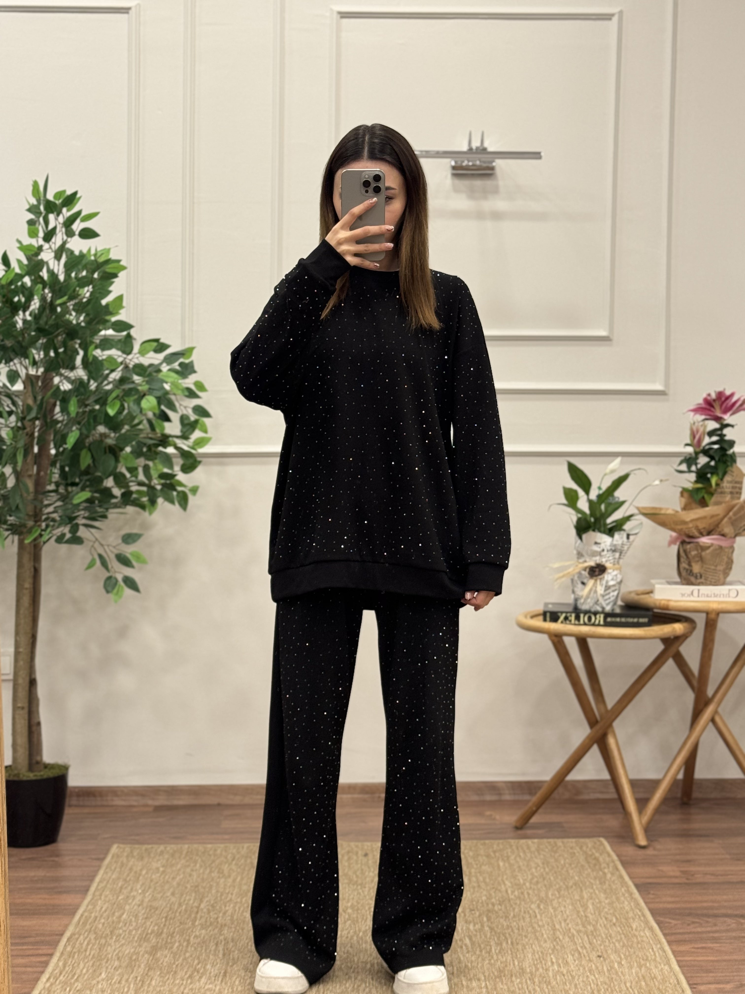 Oys Kumaş Taşlı Siyah Bluz Pantolon Takım