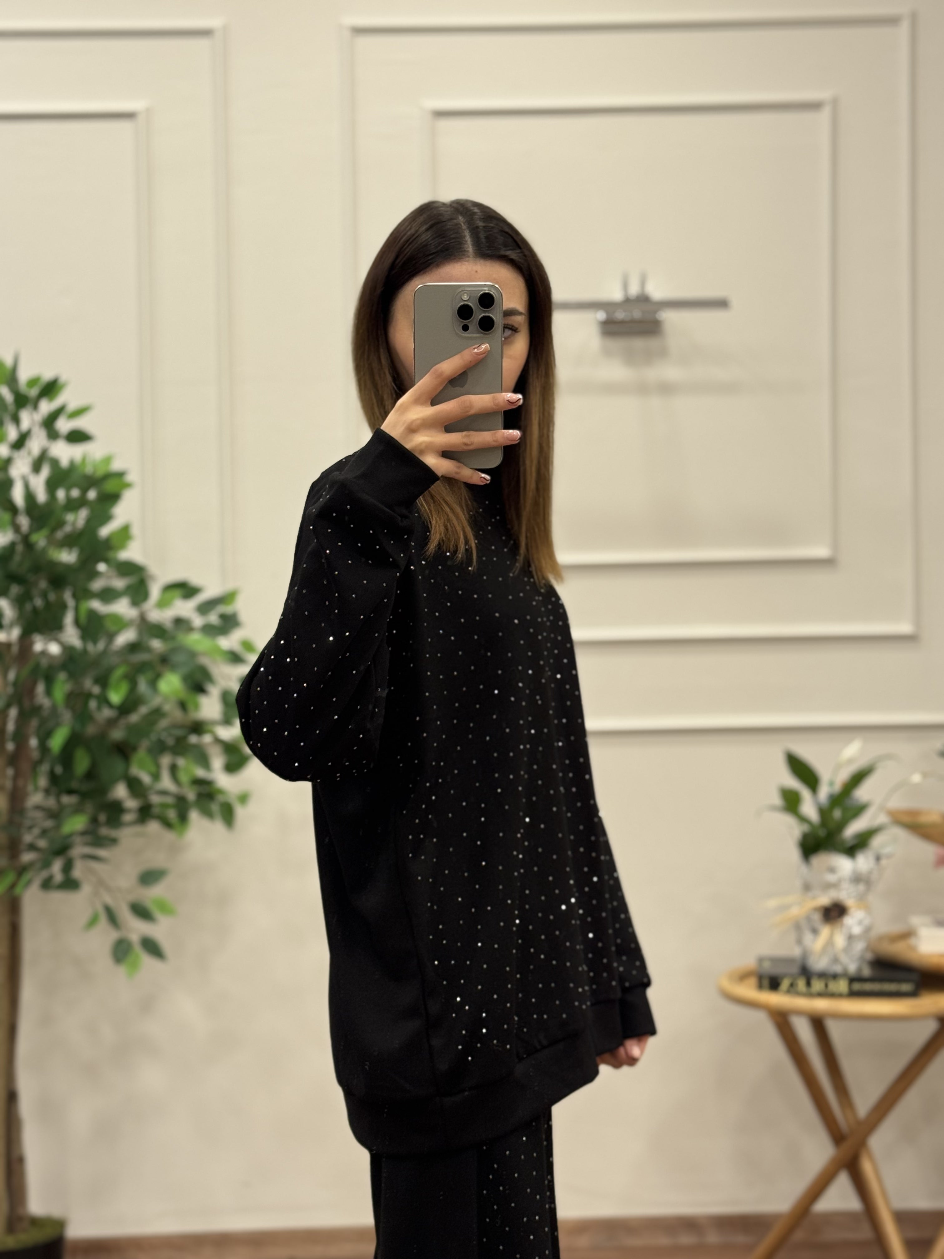 Oys Kumaş Taşlı Siyah Bluz Pantolon Takım