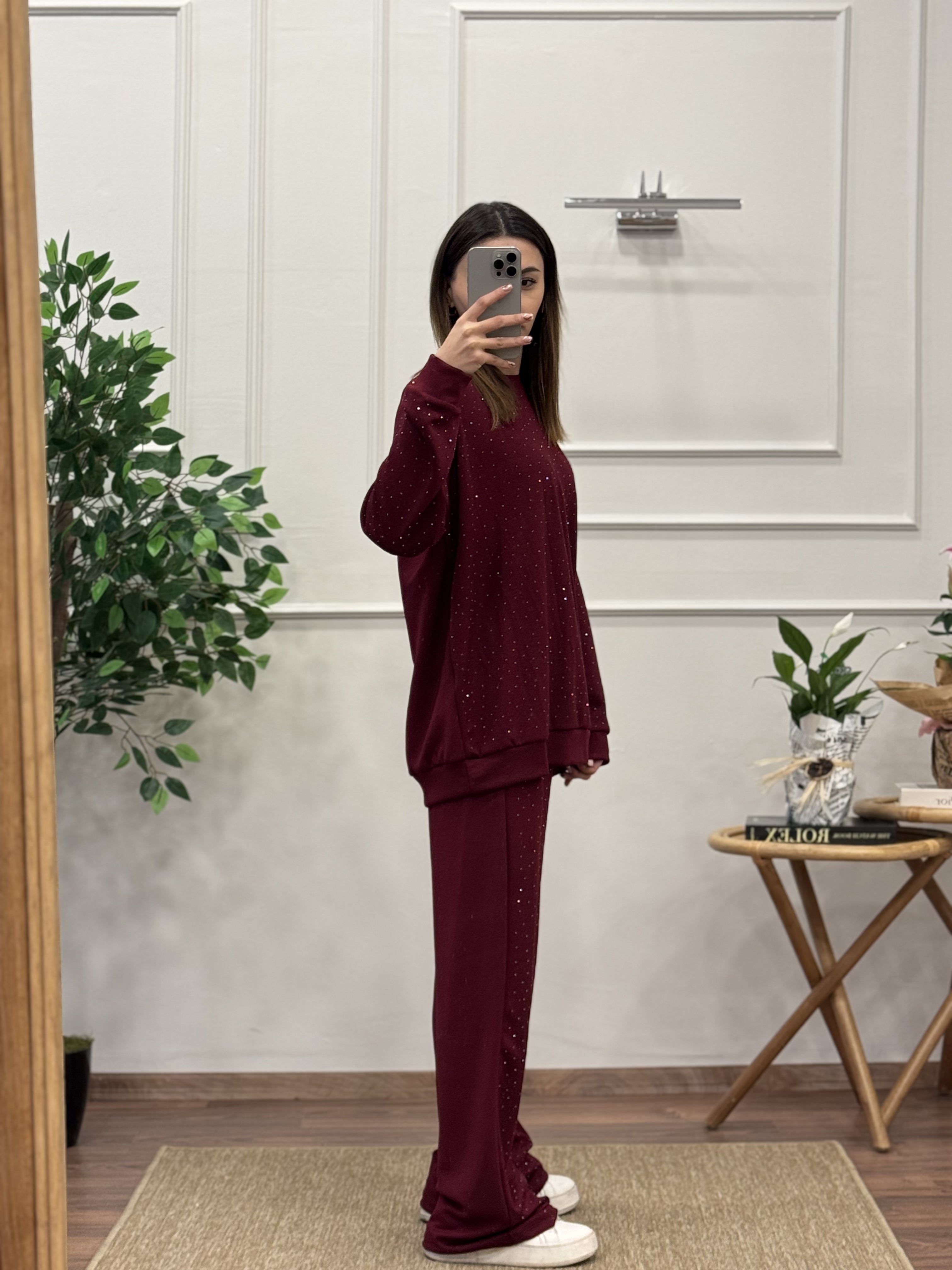 Oys Kumaş Taşlı Bordo Bluz Pantolon Takım