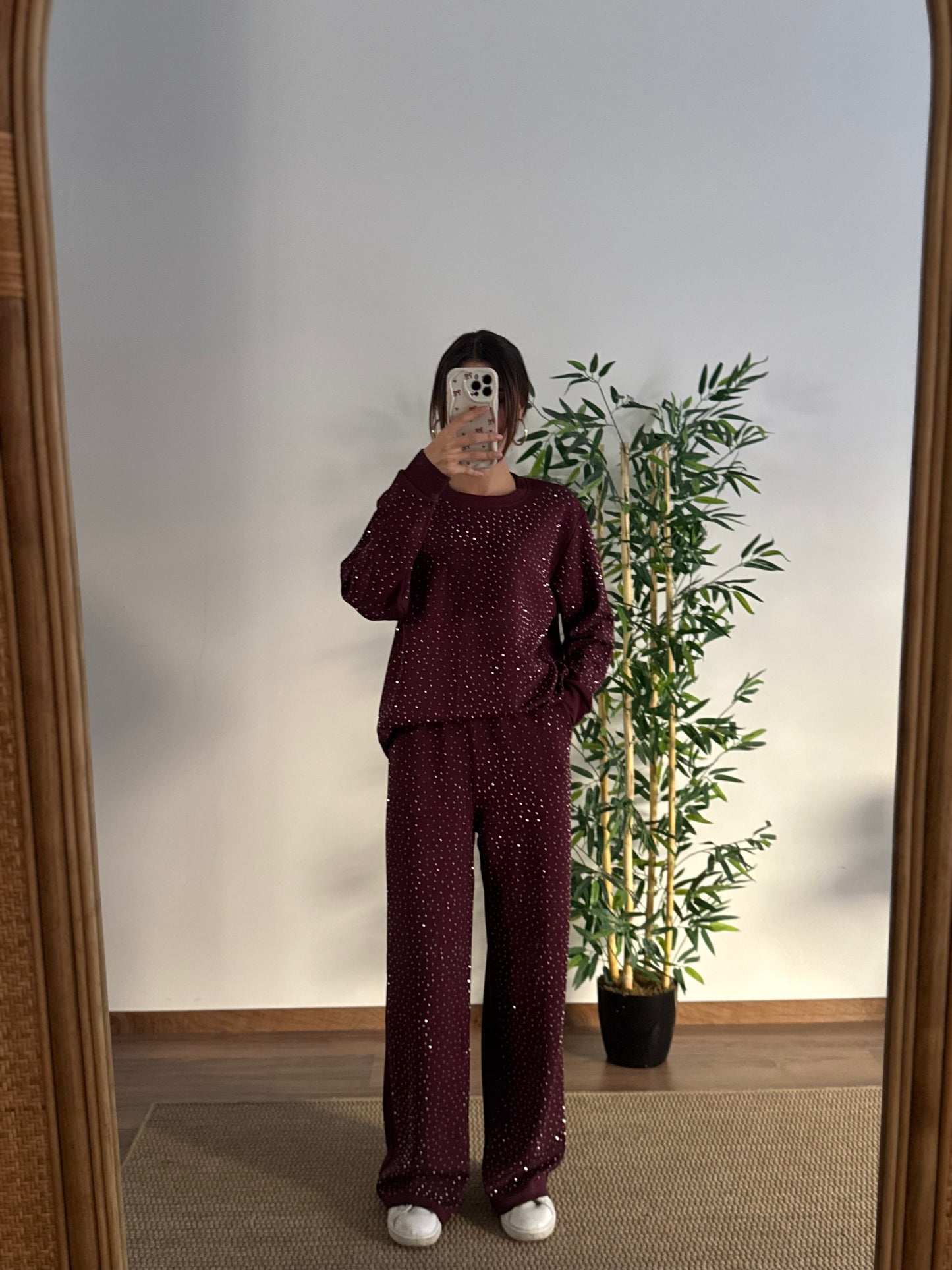 Serpme Taş Baskı Modal Kumaş Bordo Takım