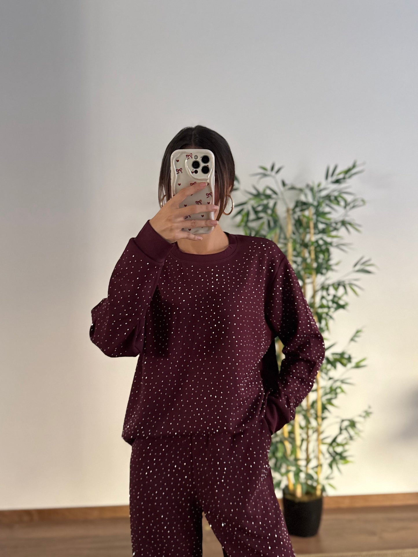 Serpme Taş Baskı Modal Kumaş Bordo Takım