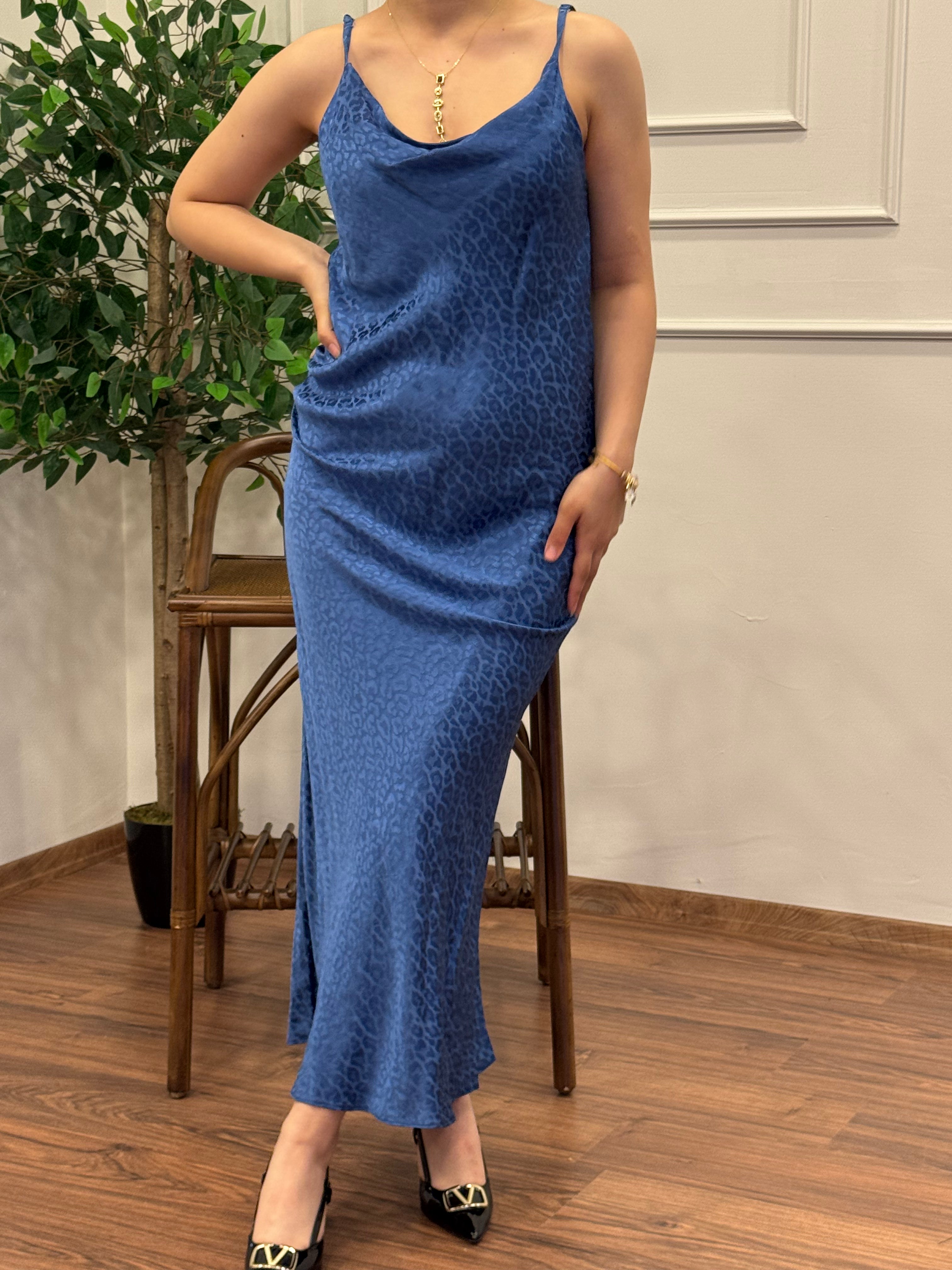 Saten Leopar Desen Lacivert Elbise