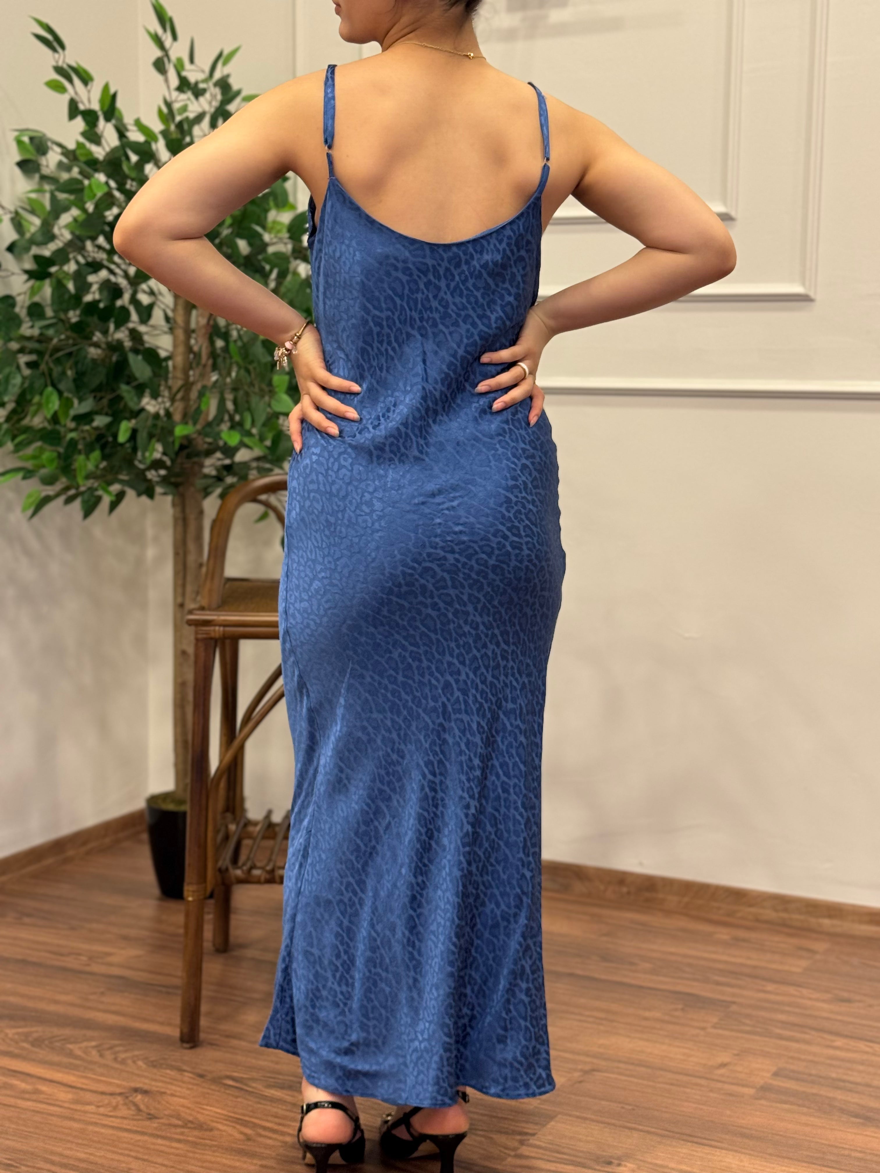 Saten Leopar Desen Lacivert Elbise